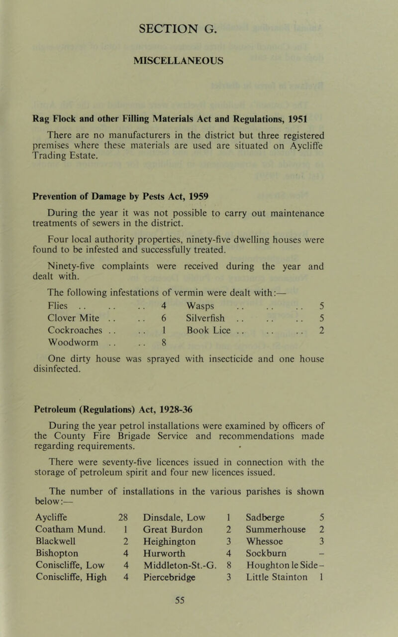MISCELLANEOUS Rag Flock and other Filling Materials Act and Regulations, 1951 There are no manufacturers in the district but three registered premises where these materials are used are situated on Aycliffe Trading Estate, Prevention of Damage by Pests Act, 1959 During the year it was not possible to carry out maintenance treatments of sewers in the district. Four local authority properties, ninety-five dwelling houses were found to be infested and successfully treated. Ninety-five complaints were received during the year and dealt with. The following infestations of vermin were dealt with:— Flies .. 4 Wasps ,. 5 Clover Mite .. 6 Silverfish .. .. 5 Cockroaches .. Woodworm .. 1 8 Book Lice .. .. 2 One dirty house was disinfected. sprayed with insecticide and one house Petroleum (Regulations) Act, 1928-36 During the year petrol installations were examined by officers of the County Fire Brigade Service and recommendations made regarding requirements. There were seventy-five licences issued in connection with the storage of petroleum spirit and four new licences issued. The number of installations in the various parishes is shown below:— Aycliffe Coatham Mund. Blackwell Bishopton Coniscliffe, Low Coniscliffe, High 28 Dinsdale, Low 1 Great Burdon 2 Heighington 4 Hurworth 4 Middleton-St.-G. 4 Piercebridge 1 Sadberge 5 2 Summerhouse 2 3 Whessoe 3 4 Sockburn 8 Houghton le Side - 3 Little Stainton 1