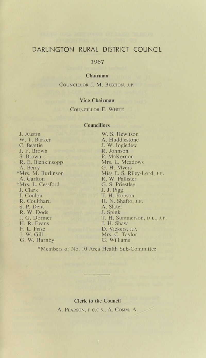 DARLINGTON RURAL DISTRICT COUNCIL 1967 Chairman Councillor J. M. Buxton, j.p. Vice Chairman Councillor E. White Councillors J. Austin W. T. Barker C. Beattie J. F. Brown S. Brown R. E. Blenkinsopp A. Berry *Mrs. M. Burlinson A. Carlton *Mrs. L. Cessford J. Clark J. Conlon R. Coulthard S. P. Dent R. W. Dods J. G. Dormer H. R. Evans F. L. Frise J. W. Gill G. W. Harnby * Members of No. 10 W. S. Hewitson A. Huddlestone J. W. Ingledew R.Johnson P. McKernon Mrs. E. Meadows G. H. Myers Miss E. S. Riley-Lord, j.p. R. W. Pallister G. S. Priestley J. J. Pigg T. H. Robson H. N. Shafto, j.p. A. Slater J. Spink T. H. Summerson, d.l., j.p. J. H. Shaw D. Vickers, j.p. Mrs. C. Taylor G. Williams Area Health Sub-Committee Clerk to the Council A. Pearson, f.c.c.s., A. Comm. A.