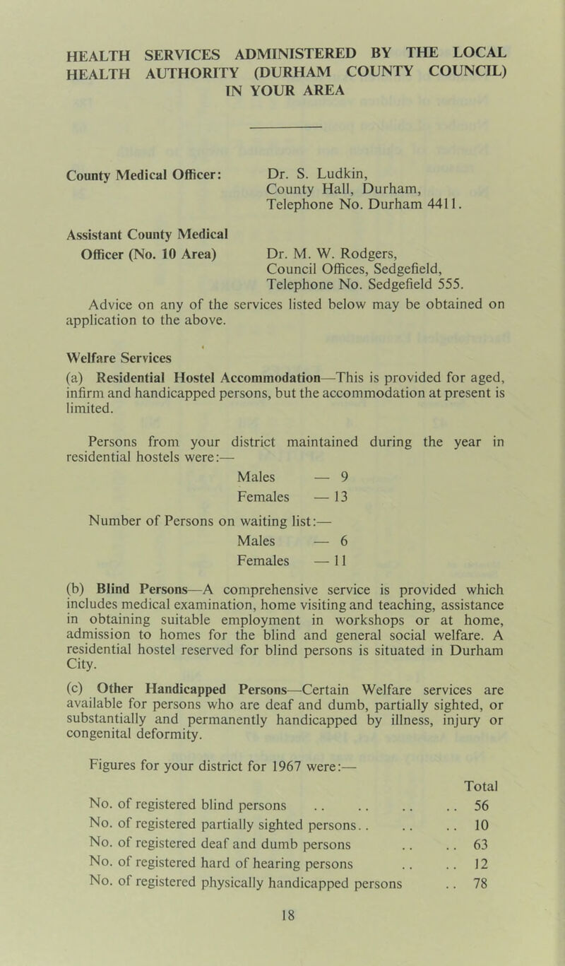 HEALTH SERVICES ADMINISTERED BY THE LOCAL HEALTH AUTHORITY (DURHAM COUNTY COUNCIL) IN YOUR AREA County Medical Officer: Dr. S. Ludkin, County Hall, Durham, Telephone No. Durham 4411. Assistant County Medical Officer (No. 10 Area) Dr. M. W. Rodgers, Council Offices, Sedgefield, Telephone No. Sedgefield 555. Advice on any of the services listed below may be obtained on application to the above. Welfare Services (a) Residential Hostel Accommodation—This is provided for aged, infirm and handicapped persons, but the accommodation at present is limited. Persons from your district maintained during the year in residential hostels were:— Males — 9 Females — 13 Number of Persons on waiting list:— Males — 6 Females — 11 (b) Blind Persons—A comprehensive service is provided which includes medical examination, home visiting and teaching, assistance in obtaining suitable employment in workshops or at home, admission to homes for the blind and general social welfare. A residential hostel reserved for blind persons is situated in Durham City. (c) Other Handicapped Persons—Certain Welfare services are available for persons who are deaf and dumb, partially sighted, or substantially and permanently handicapped by illness, injury or congenital deformity. Figures for your district for 1967 were:— Total No. of registered blind persons .. 56 No. of registered partially sighted persons.. .. 10 No. of registered deaf and dumb persons .. 63 No. of registered hard of hearing persons .. 12 No. of registered physically handicapped persons .. 78