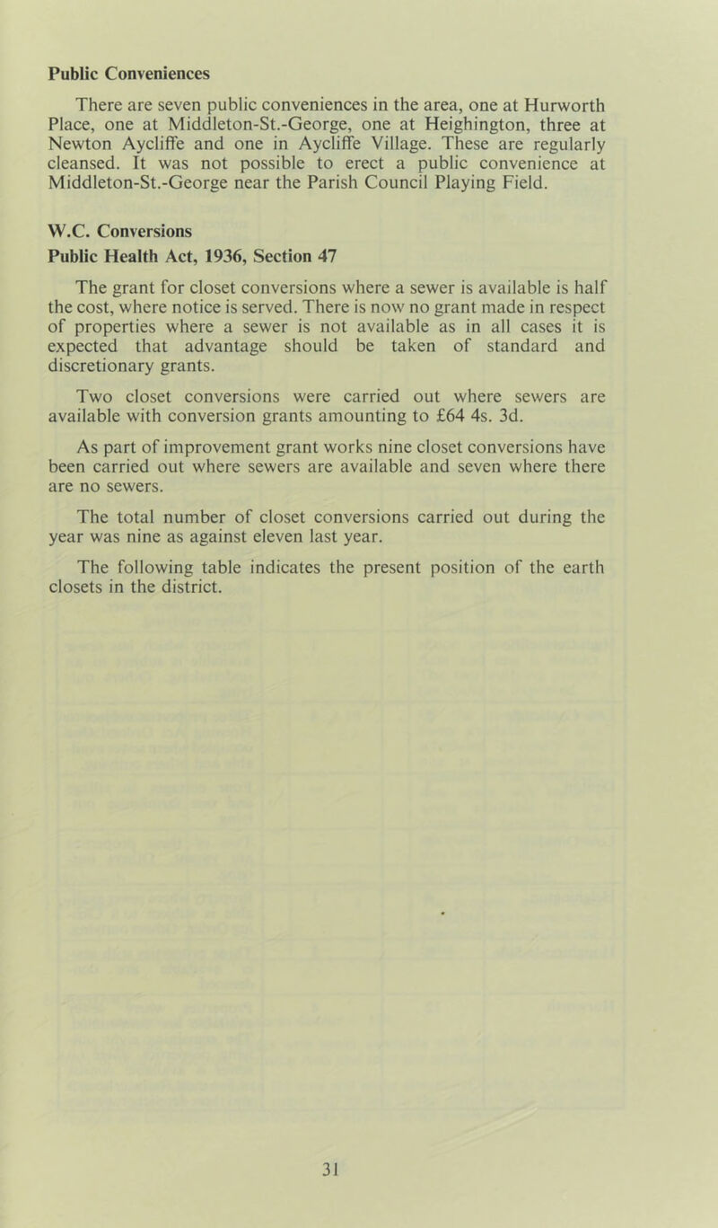 Public Conveniences There are seven public conveniences in the area, one at Hurworth Place, one at Middleton-St.-George, one at Heighington, three at Newton Aycliffe and one in AyclifFe Village. These are regularly cleansed. It was not possible to erect a public convenience at Middleton-St.-George near the Parish Council Playing Field. W.C. Conversions Public Health Act, 1936, Section 47 The grant for closet conversions where a sewer is available is half the cost, where notice is served. There is now no grant made in respect of properties where a sewer is not available as in all cases it is expected that advantage should be taken of standard and discretionary grants. Two closet conversions were carried out where sewers are available with conversion grants amounting to £64 4s. 3d. As part of improvement grant works nine closet conversions have been carried out where sewers are available and seven where there are no sewers. The total number of closet conversions carried out during the year was nine as against eleven last year. The following table indicates the present position of the earth closets in the district.