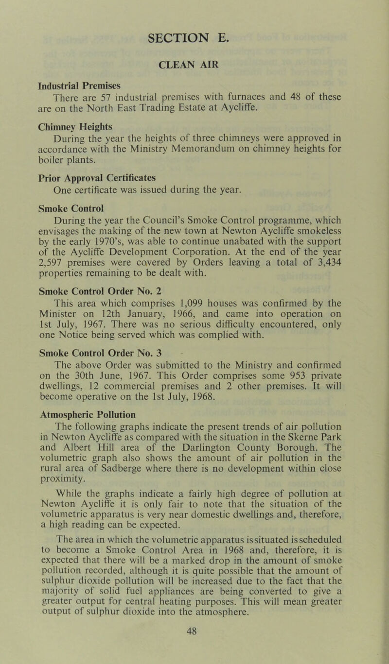 CLEAN AIR Industrial Premises There are 57 industrial premises with furnaces and 48 of these are on the North East Trading Estate at AyclifTe. Chimney Heights During the year the heights of three chimneys were approved in accordance with the Ministry Memorandum on chimney heights for boiler plants. Prior Approval Certificates One certificate was issued during the year. Smoke Control During the year the Council’s Smoke Control programme, which envisages the making of the new town at Newton AyclifTe smokeless by the early 1970’s, was able to continue unabated with the support of the AyclifTe Development Corporation. At the end of the year 2,597 premises were covered by Orders leaving a total of 3,434 properties remaining to be dealt with. Smoke Control Order No. 2 This area which comprises 1,099 houses was confirmed by the Minister on 12th January, 1966, and came into operation on 1st July, 1967. There was no serious difficulty encountered, only one Notice being served which was complied with. Smoke Control Order No. 3 The above Order was submitted to the Ministry and confirmed on the 30th June, 1967. This Order comprises some 953 private dwellings, 12 commercial premises and 2 other premises. It will become operative on the 1st July, 1968. Atmospheric Pollution The following graphs indicate the present trends of air pollution in Newton AyclifTe as compared with the situation in the Skerne Park and Albert Hill area of the Darlington County Borough. The volumetric graph also shows the amount of air pollution in the rural area of Sadberge where there is no development within close proximity. While the graphs indicate a fairly high degree of pollution at Newton AyclifTe it is only fair to note that the situation of the volumetric apparatus is very near domestic dwellings and, therefore, a high reading can be expected. The area in which the volumetric apparatus issituated is scheduled to become a Smoke Control Area in 1968 and, therefore, it is expected that there will be a marked drop in the amount of smoke pollution recorded, although it is quite possible that the amount of sulphur dioxide pollution will be increased due to the fact that the majority of solid fuel appliances are being converted to give a greater output for central heating purposes. This will mean greater output of sulphur dioxide into the atmosphere.