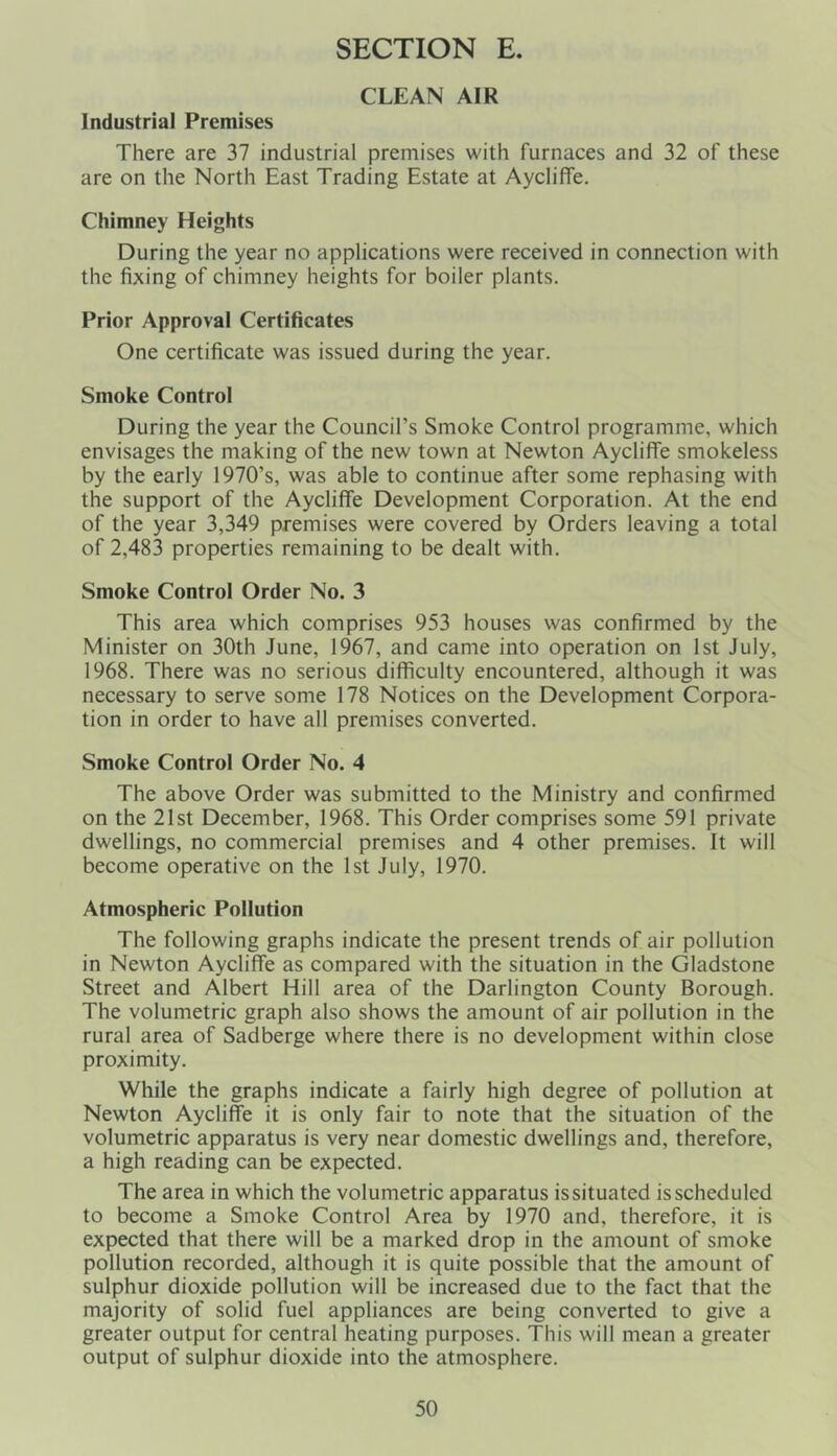 CLEAN AIR Industrial Premises There are 37 industrial premises with furnaces and 32 of these are on the North East Trading Estate at Aycliffe. Chimney Heights During the year no applications were received in connection with the fixing of chimney heights for boiler plants. Prior Approval Certificates One certificate was issued during the year. Smoke Control During the year the Council’s Smoke Control programme, which envisages the making of the new town at Newton Ayclifife smokeless by the early 1970’s, was able to continue after some rephasing with the support of the Aycliffe Development Corporation. At the end of the year 3,349 premises were covered by Orders leaving a total of 2,483 properties remaining to be dealt with. Smoke Control Order No. 3 This area which comprises 953 houses was confirmed by the Minister on 30th June, 1967, and came into operation on 1st July, 1968. There was no serious difficulty encountered, although it was necessary to serve some 178 Notices on the Development Corpora- tion in order to have all premises converted. Smoke Control Order No. 4 The above Order was submitted to the Ministry and confirmed on the 21st December, 1968. This Order comprises some 591 private dwellings, no commercial premises and 4 other premises. It will become operative on the 1st July, 1970. Atmospheric Pollution The following graphs indicate the present trends of air pollution in Newton Aycliffe as compared with the situation in the Gladstone Street and Albert Hill area of the Darlington County Borough. The volumetric graph also shows the amount of air pollution in the rural area of Sadberge where there is no development within close proximity. While the graphs indicate a fairly high degree of pollution at Newton Aycliffe it is only fair to note that the situation of the volumetric apparatus is very near domestic dwellings and, therefore, a high reading can be expected. The area in which the volumetric apparatus issituated is scheduled to become a Smoke Control Area by 1970 and, therefore, it is expected that there will be a marked drop in the amount of smoke pollution recorded, although it is quite possible that the amount of sulphur dioxide pollution will be increased due to the fact that the majority of solid fuel appliances are being converted to give a greater output for central heating purposes. This will mean a greater output of sulphur dioxide into the atmosphere.