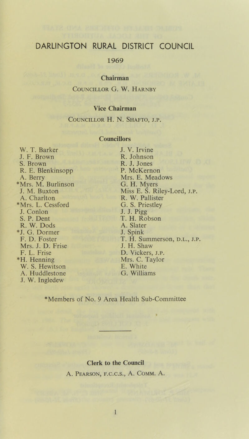 DARLINGTON RURAL DISTRICT COUNCIL 1969 Chairman Councillor G. W. Harnby Vice Chairman Councillor H. N. Shafto, j.p. W. T. Barker J. F. Brown S. Brown R. E. Blenkinsopp A. Berry *Mrs. M. Burlinson J. M. Buxton A. Charlton *Mrs. L. Cessford J. Conlon S. P. Dent R. W. Dods *J. G. Dormer F. D. Foster Mrs. J. D. Frise F. L. Frise *H. Henning W. S. Hewitson A. Huddlestone J. W. Ingledew Councillors J. V. Irvine R. Johnson R. J. Jones P. McKernon Mrs. E. Meadows G. H. Myers Miss E. S. Riley-Lord, j.p. R. W. Pallister G. S. Priestley J. J. Pigg T. H. Robson A. Slater J. Spink T. H. Summerson, d.l., j.p. J. H. Shaw D. Vickers, j.p. Mrs. C. Taylor E. White G. Williams * Members of No. 9 Area Health Sub-Committee Clerk to the Council A. Pearson, f.c.c.s., A. Comm. A.