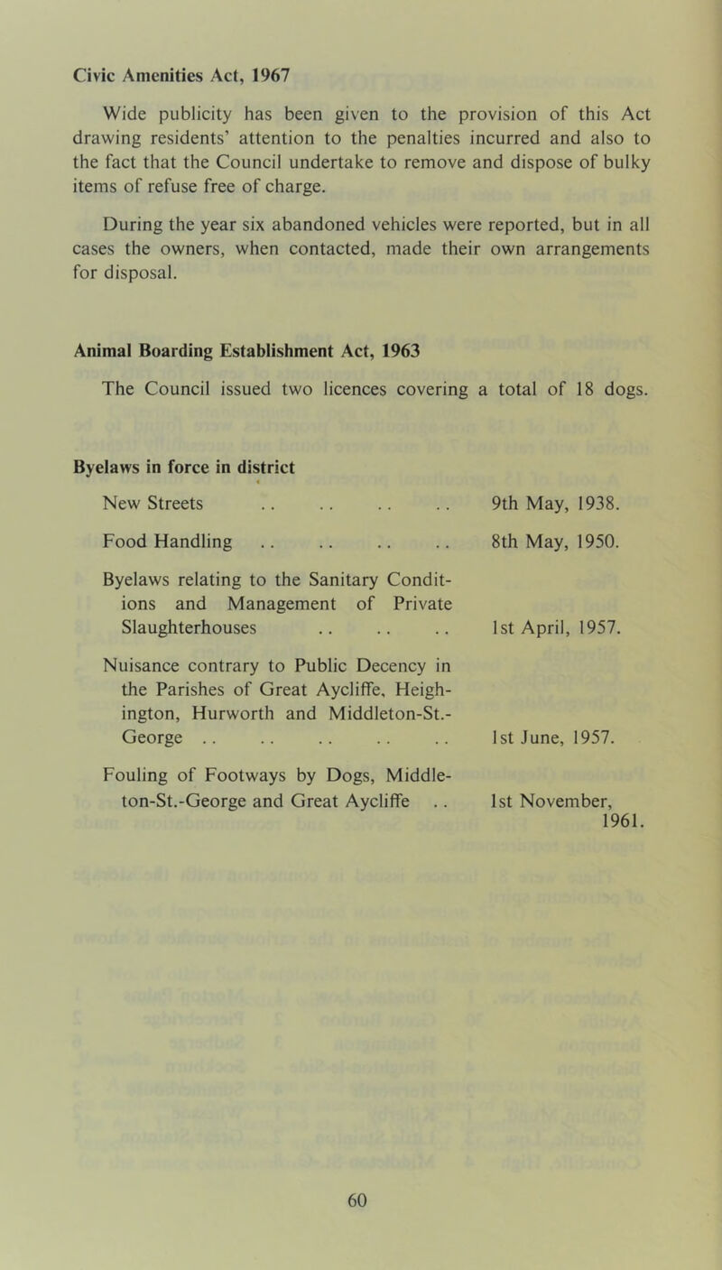 Civic Amenities Act, 1967 Wide publicity has been given to the provision of this Act drawing residents’ attention to the penalties incurred and also to the fact that the Council undertake to remove and dispose of bulky items of refuse free of charge. During the year six abandoned vehicles were reported, but in all cases the owners, when contacted, made their own arrangements for disposal. Animal Boarding Establishment Act, 1963 The Council issued two licences covering a total of 18 dogs. Byelaws in force in district 4 New Streets Food Handling Byelaws relating to the Sanitary Condit- ions and Management of Private Slaughterhouses Nuisance contrary to Public Decency in the Parishes of Great Aycliffe, Heigh- ington, Hurworth and Middleton-St.- George .. 9th May, 1938. 8th May, 1950. 1st April, 1957. 1st June, 1957. Fouling of Footways by Dogs, Middle- ton-St.-George and Great Aycliffe .. 1st November, 1961.