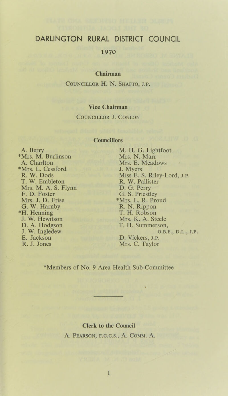 DARLINGTON RURAL DISTRICT COUNCIL 1970 Chairman Councillor H. N. Shafto, j.p. Vice Chairman Councillor J. Conlon A. Berry *Mrs. M. Burlinson A. Charlton *Mrs. L. Cessford R. W. Dods T. W. Embleton Mrs. M. A. S, Flynn F. D, Foster Mrs. J. D. Frise G. W. Harnby *H. Henning J. W. Hewitson D. A. Hodgson J. W. Ingledew E. Jackson R. J. Jones Councillors M. H. G. Lightfoot Mrs. N. Marr Mrs. E. Meadows J. Myers Miss E. S. Riley-Lord, j.p. R. W. Pallister D. G. Perry G. S. Priestley *Mrs. L. R. Proud R. N. Rippon T. H. Robson Mrs. K. A. Steele T. H. Summerson, O.B.E., D.L., J.p. D. Vickers, j.p. Mrs. C. Taylor *Members of No. 9 Area Health Sub-Committee Clerk to the Council A. Pearson, f.c.c.s., A. Comm. A.