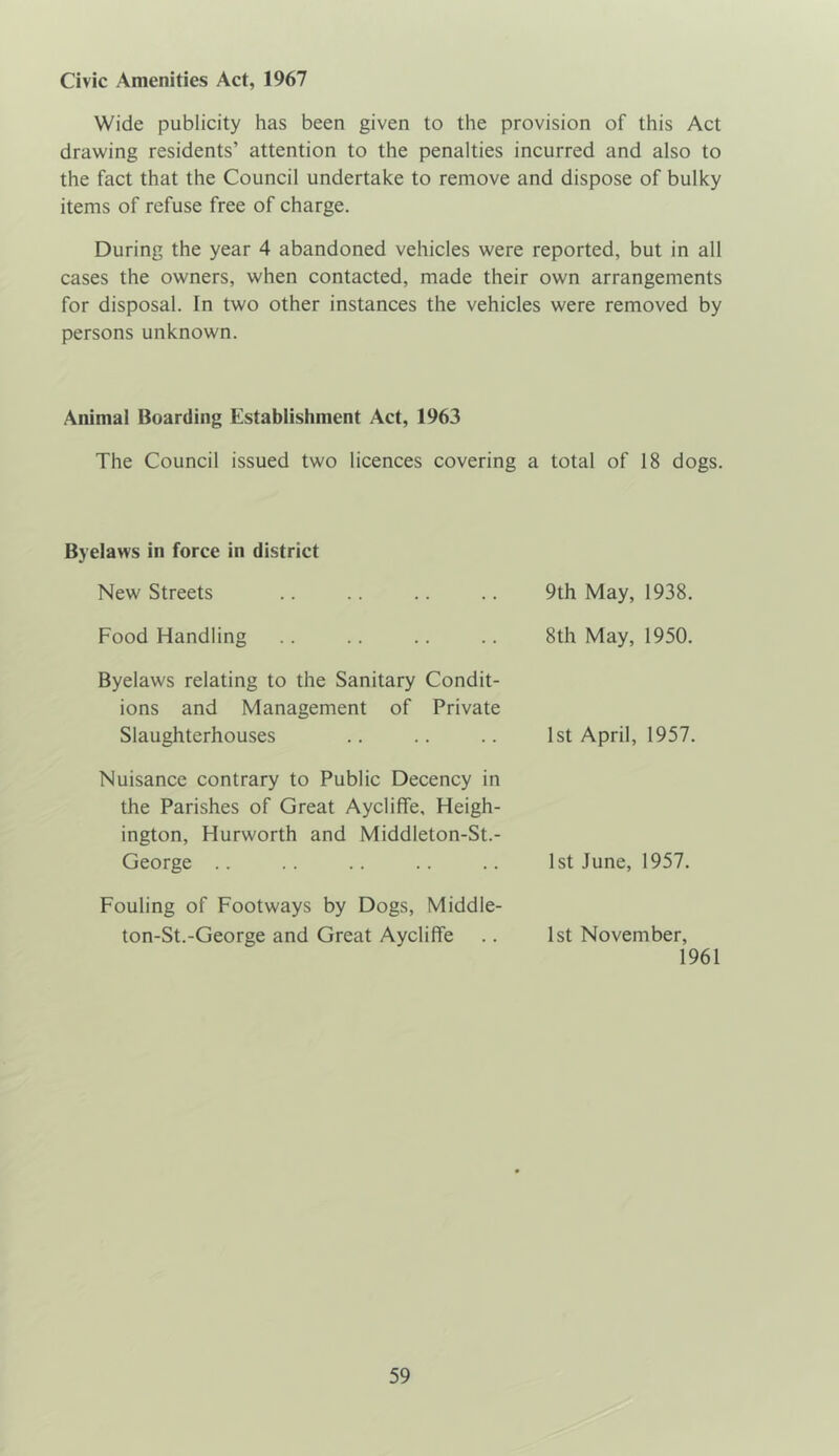 Civic Amenities Act, 1967 Wide publicity has been given to the provision of this Act drawing residents’ attention to the penalties incurred and also to the fact that the Council undertake to remove and dispose of bulky items of refuse free of charge. During the year 4 abandoned vehicles were reported, but in all cases the owners, when contacted, made their own arrangements for disposal. In two other instances the vehicles were removed by persons unknown. Animal Boarding Establishment Act, 1963 The Council issued two licences covering a total of 18 dogs. Byelaws in force in district New Streets Food Handling Byelaws relating to the Sanitary Condit- ions and Management of Private Slaughterhouses Nuisance contrary to Public Decency in the Parishes of Great Aycliffe, Heigh- ington, Hurworth and Middleton-St.- George .. Fouling of Footways by Dogs, Middle- ton-St.-George and Great Aycliffe 9th May, 1938. 8th May, 1950. 1st April, 1957. 1st June, 1957. 1st November, 1961