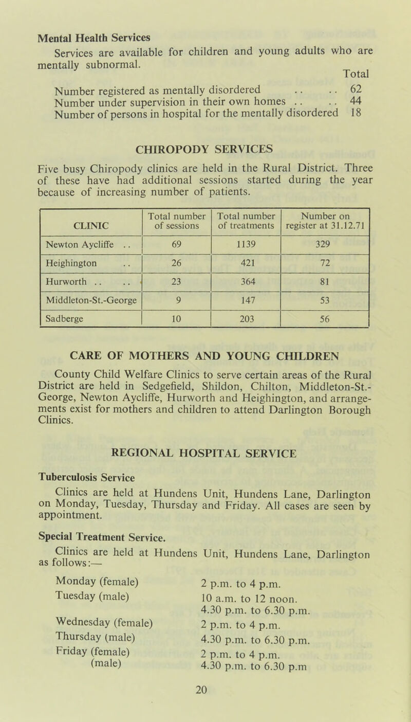 Mental Health Services Services are available for children and young adults who are mentally subnormal. Total Number registered as mentally disordered .. .. 62 Number under supervision in their own homes .. .. 44 Number of persons in hospital for the mentally disordered 18 CHIROPODY SERVICES Five busy Chiropody clinics are held in the Rural District. Three of these have had additional sessions started during the year because of increasing number of patients. CLINIC Total number of sessions Total number of treatments Number on register at 31.12.71 Newton Aycliflfe .. 69 1139 329 Heighington 26 421 72 Hurworth .. .. • 23 364 81 M iddleton-St.-George 9 147 53 Sadberge 10 203 56 CARE OF MOTHERS AND YOUNG CHILDREN County Child Welfare Clinics to serve certain areas of the Rural District are held in Sedgefield, Shildon, Chilton, Middleton-St.- George, Newton Aycliffe, Hurworth and Heighington, and arrange- ments exist for mothers and children to attend Darlington Borough Clinics. REGIONAL HOSPITAL SERVICE Tuberculosis Service Clinics are held at Hundens on Monday, Tuesday, Thursday appointment. Special Treatment Service. Clinics are held at Hundens as follows:— Monday (female) Tuesday (male) Wednesday (female) Thursday (male) Friday (female) (male) Unit, Hundens Lane, Darlington and Friday. All cases are seen by Unit, Hundens Lane, Darlington 2 p.m. to 4 p.m. 10 a.m. to 12 noon. 4.30 p.m. to 6.30 p.m. 2 p.m. to 4 p.m. 4.30 p.m. to 6.30 p.m. 2 p.m. to 4 p.m. 4.30 p.m. to 6.30 p.m