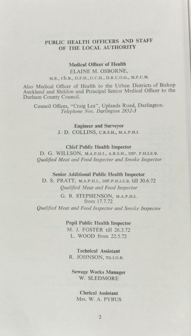 PUBLIC HEALTH OFFICERS AND STAFF OF THE LOCAL AUTHORITY Medical Officer of Health ELAINE M. OSBORNE, M.B., Ch.B., D.P.H.,D.C.H., D.R.C.O.G., M.F.C.M. Also Medical Officer of Health to the Urban Districts of Bishop Auckland and Shildon and Principal Senior Medical Officer to the Durham County Council. Council Offices, “Craig Lea”, Uplands Road, Darlington. Telephone Nos. Darlington 2852-3 Engineer and Surveyor J.’D. COLLINS, C.R.S.H., M.A.P.H.I. Chief Public Health Inspector D. G. WILLSON, M.A.P.H.I., A.R.S.H., DIP. P.H.I.E.B. Qualified Meat and Food Inspector and Smoke Inspector Senior Additional Public Health Inspector D. S. PRATT, M.A.P.H.I., DIP.P.H.I.E.B. till 30.6.72 Qualified Meat and Food Inspector G. B. STEPHENSON, m.a.p.h.i. from 17.7.72 Qualified Meat and Food Inspector and Smoke Inspector Pupil Public Health Inspector M. J. FOSTER till 26.3.72 L. WOOD from 22.5.72 Technical Assistant R. JOHNSON, Tn.i.o.B. Sewage Works Manager W. SLEDMORE Clerical Assistant Mrs. W. A. PYBUS