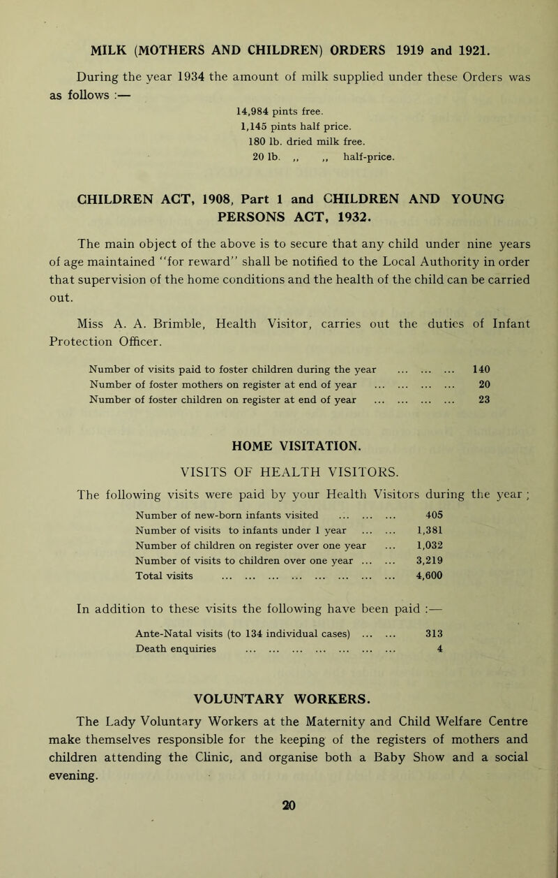 MILK (MOTHERS AND CHILDREN) ORDERS 1919 and 1921. During the year 1934 the amount of milk supplied under these Orders was as follows :— 14,984 pints free. 1,145 pints half price. 180 lb. dried milk free. 20 lb. ,, ,, half-price. CHILDREN ACT, 1908, Part 1 and CHILDREN AND YOUNG PERSONS ACT, 1932. The main object of the above is to secure that any child under nine years of age maintained “for reward” shall be notified to the Local Authority in order that supervision of the home conditions and the health of the child can be carried out. Miss A. A. Brimble, Health Visitor, carries out the duties of Infant Protection Officer. Number of visits paid to foster children during the year 140 Number of foster mothers on register at end of year 20 Number of foster children on register at end of year 23 HOME VISITATION. VISITS OF HEALTH VISITORS. The following visits were paid by your Health Vhsitors during the year ; Number of new-born infants visited 405 Number of visits to infants under 1 year 1,381 Number of children on register over one year ... 1,032 Number of visits to children over one year 3,219 Total visits 4,600 In addition to these visits the following have been paid :— Ante-Natal visits (to 134 individual cases) 313 Death enquiries 4 VOLUNTARY WORKERS. The Lady Voluntary Workers at the Maternity and Child Welfare Centre make themselves responsible for the keeping of the registers of mothers and children attending the Clinic, and organise both a Baby Show and a social evening.