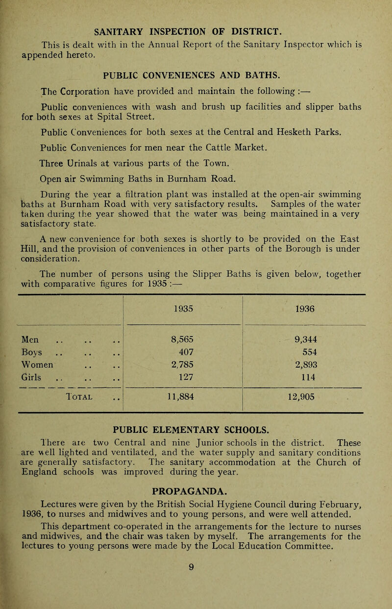 SANITARY INSPECTION OF DISTRICT. This is dealt with in the Annual Report of the Sanitary Inspector which is appended hereto. PUBLIC CONVENIENCES AND BATHS. The Corporation have provided and maintain the following:— Public conveniences with wash and brush up facilities and slipper baths for both sexes at Spital Street. Public Conveniences for both sexes at the Central and Hesketh Parks. Public Conveniences for men near the Cattle Market. Three Urinals at various parts of the Town. Open air Swimming Baths in Burnham Road. During the year a filtration plant was installed at the open-air swimming baths at Burnham Road with very satisfactory results. Samples of the water taken during the year showed that the water was being maintained in a very satisfactory state. A new convenience for both sexes is shortly to be provided on the East Hill, and the provision of conveniences in other parts of the Borough is under consideration. The number of persons using the Slipper Baths is given below, together with comparative figures for 1935 :— 1935 1936 Men 8,565 9,344 Boys 407 554 Women 2,785 2,893 Girls 127 114 Total 11,884 12,905 PUBLIC ELEMENTARY SCHOOLS. There are two Central and nine Junior schools in the district. These are well lighted and ventilated, and the water supply and sanitary conditions are generally satisfactory. The sanitary accommodation at the Church of England schools was improved during the year. PROPAGANDA. Lectures were given by the British Social Hygiene Council during February, 1936, to nurses and midwives and to young persons, and were well attended. This department co-operated in the arrangements for the lecture to nurses and midwives, and the chair was taken by myself. The arrangements for the lectures to young persons were made by the Local Education Committee.