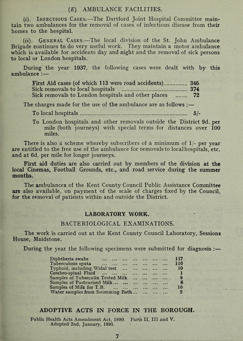 (£) AMBULANCE FACILITIES. (i). Infectious Cases.—The Dartford Joint Hospital Committee main- tain two ambulances for the removal of cases of infectious disease from their homes to the hospital. {ii). General Cases.—The local division of the St. John Ambulance Brigade continues to do very useful work. They maintain a motor ambulance which is available for accidents day and night and the removal of sick persons to local or London hospitals. During the year 1937, the following cases were dealt with by this ambulance :— First Aid cases (of which 113 were road accidents) 346 Sick removals to local hospitals 374 Sick removals to London hospitals and other places 72 The charges made for the use of the ambulance are as follows :— To local hospitals 5/- To London hospitals and other removals outside the District 9d. per mile (both journeys) with special terms for distances over 100 miles. There is also a scheme whereby subscribers of a minimum of 1/- per year are entitled to the free use of the ambulance for removals to local hospitals, etc. and at 6d. per mile for longer journeys. First aid duties are also carried out by members of the division at the local Cinemas, Footbadl Grounds, etc., and road service during the summer months. The ambulances of the Kent County Council Public Assistance Committee are also available, on payment of the scale of charges fixed by the Council, for the removal of patients within and outside the District. LABORATORY WORK. ' BACTERIOLOGICAL EXAMINATIONS. The work is carried out at the Kent County Council Laboratory, Sessions House, Maidstone. During the year the following specimens were submitted for diagnosis :— Diphtheria swabs ... ... ... 117 Tuberculosis sputa ... 110 Typhoid, including Widal test , ... 10 Cerebro-spinal Fluid , 1 Samples of Tuberculin Tested Milk 8 Samples of Pasteurised Milk 6 Samples of Milk for T.B 10 Water samples from Swimming Bath 2 ADOPTIVE ACTS IN FORCE IN THE BOROUGH Public Health Acts Amendment Act, 1890. Partk II, III and V. Adopted 2nd, January, 1891. 7