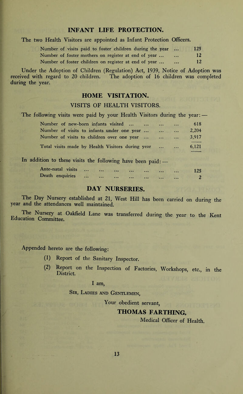 INFANT LIFE PROTECTION. The two Health Visitors are appointed as Infant Protection Officers. Number of visits paid to foster children during the year ... 125 Number of foster mothers on register at end of year ... ... 12 Number of foster children on register at end of year ... ... 12 Under the Adoption of Children (Regulation) Act, 1939, Notice of Adoption was received with regard to 20 children. The adoption of 16 children was completed during the year. HOME VISITATION. VISITS OF HEALTH VISITORS. The following visits were paid by your Health Visitors during the year: — Number of new-born infants visited Number of visits to infants under one year ... Number of visits to children over one year Total visits made by Health Visitors during year 618 2,204 3,917 6,121 In addition to these visits the following have been paid: Ante-natal visits Death enquiries DAY NURSERIES. The Day Nursery established at 21, West Hill has been carried on during the year and the attendances well maintained. The Nursery at Oakfield Lane was transferred during the year to the Kent Education Committee. Appended hereto are the following: (1) Report of the Sanitary Inspector. (2) Report on the Inspection of Factories, Workshops, etc. in the District. I am, Sir, Ladies and Gentlemen, Your obedient servant, THOMAS FARTHING, Medical Officer of Health.