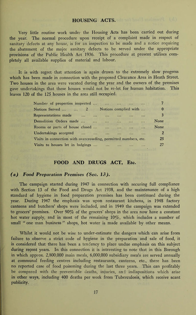 HOUSING ACTS. Very little routine work under the Housing Acts has been carried out during the year. The normal procedure upon receipt of a complaint made in respect of sanitary defects at any house, is for an inspection to be made and a notice requiring the abatement of the major sanitary defects to be served under the appropriate provisions of the Public Health Act 1936. This procedure at present utilises com- pletely all available supplies of material and labour. It is with regret that attention is again drawn to the extremely slow progress which has been made in connection with the proposed Clearance Area in Heath Street. Two houses in the area were vacated during the year and the owners of the premises gave undertakings that these houses would not be re-let for human habitation. This leaves 120 of the 125 houses in the area still occupied. Number of properties inspected ... ... ... ... ... 7 Notices Served ... ... 2 Notices complied with ... 0 Representations made ... ... ... ... ... ... 3 Demolition Orders made ... ... ... ... ... ... None Rooms or parts of house closed ... ... ... ... ... None Undertakings accepted ... ... ... ... ... ... 2 Visits in connection with overcrowding, permitted numbers, etc. 25 Visits to houses let in lodgings ... ... ... ... ... 27 FOOD AND DRUGS ACT. Etc. (a) Food Preparation Premises (Sec. 13J. The campaign started during 1947 in connection with securing full compliance with Section 13 of the Food and Drugs Act 1938, and the maintenance of a high standard of hygiene in food preparation premises has been continued during the year. During 1947 the emphasis was upon restaurant kitchens, in 1948 factory canteens and butchers’ shops were included, and in 1949 the campaign was extended to grocers’ premises. Over 90% of the grocers' shops in the area now have a constant hot water supply, and in most of the remaining 10%, which includes a number of small “ one man business ” shops, hot water is made available by other means. Whilst it would not be wise to under-estimate the dangers which can arise from failure to observe a strict code of hygiene in the preparation and sale of food, it is considered that there has been a tendency to place undue emphasis on this subject during recent years. In this connection it is interesting to note that in this Borough in which approx. 2,800,000 main meals, 6,000,000 subsidiary meals are served annually at communal feeding centres including restaurants, canteens, etc., there has been no reported case of food poisoning during the last three years. This can profitably be compared with the preventable deaths, injuries, and indispositions which arise in other ways, including 400 deaths per week from Tuberculosis, which receive scant publicity.