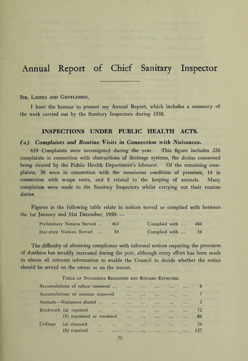 Annual Report of Chief Sanitary Inspector Sir, Ladies and Gentlemen, I have the honour to present my Annual Report, which includes a summary of the work carried out by the Sanitary Inspectors during 1950. INSPECTIONS UNDER PUBLIC HEALTH ACTS. (a) Complaints and Routine Visits in Connection with Nuisances. 659 Complaints were investigated during the year. This figure includes 226 complaints in connection with obstructions of drainage systems, the drains concerned being cleared by the Public Health Department’s labourer. Of the remaining com- plaints, 36 were in connection with the verminous condition of premises, 14 in connection with wasps nests, and 8 related to the keeping of animals. Many complaints were made to the Sanitary Inspectors whilst carrying out their routine duties. Figures in the following table relate to notices .served or complied \yith between the 1st January and 31st December, 1950: — Preliminary Notices Served ... 463 Complied with ... 484 Statutory Notices Served ... 54 Complied with ... 54 The difficulty of obtaining compliance with informal notices requiring the provision of dustbins has steadily increased during the year, although every effort has been made to obtain all relevant information to enable the Council to decide whether the notice should be served on the owner or on the tenant. Table of Nuisances Remedied and Repairs Effected. Accumulations of refuse removed ... ... ... ... ... ... 8 Accumulations of manure removed ... ..! ... ... _ ... 7 Animals—Nuisances abated ... ... ... ... ... ... ... 3 Brickwork (a) repaired ... ... ... ... ... ... ... 72 (b) repointed or rendered ... ... ... ... ... 86 Ceilings (a) cleansed .. ... ... ... ... ... ... 24 (b) repaired ... ... ... ... ... ... ... 127