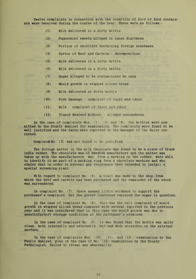 Twelve complaints in connection with the condition of food or food contain- ers were received during the course of the year. These were as follows; = (1) Milk delivered in a dirty bottle (2) Peppermint sweets alleged to cause diarrhoea (3) Portion of chocolate containing foreign substance (4) Carton of Beef and Carrots decomposition (5) Milk delivered in a dirty bottle^ (6) Milk delivered in a dirty bottle (7) Sugar alleged to be contaminated by cats (8) Mould growth in wrapped sliced bread (9) Milk delivered in dirty bottle (10) Pork Sausage ■ ccmpiaint of taint and odour (11) Milk •> complaint of taint and odour (12) Tinned Braised Kidneys alleged unsoundness, In the case of complaints Nos, (li„ 5) and 6)3 the bottles were sub- mitted to the County Analyst for examination The complaints were found to be well justified and the facts were reported to the Manager of the dairy con- cerned. ComplaintNo. (2) was not found to be justified, The foreign matter in the milk chocolate was found to be a piece of black India rubber. The chocolate was of Swedish manufacture and the matter was taken up with the manufacturers who, from a marking on the rubber, were able to identify it as part of a packing ring from a chocolate machine and who stated that in order to prevent any recurrence they intended to install a special screening plant. With regard to complaint No (4), a visit was made to the shop from which the beef and carrots had been purchased and the remainder of the stock was surrendered, In complaint No. (7), there seemed little evidence to support the purchaser’s complaint, but the grocer concerned replaced the sugar in question. In the case of complaint No. (8), this was the only complaint of mould growth in wrapped sliced bread compared with several reported in the previous year and it was considered that in this case the mould growth was due to unsatisfactory storage conditions at the purchaser* s premises. In the case of complaint No. (9), it was found that the bottle was quite clean, both internally and externally, but had dedp scratches on the external surface. In the case of complaints Nos. (10), ;11), and (12), examination by the Public Analyst, plus in the case of No (12) examination by the County Pathologist, failed to reveal aay abnormality,