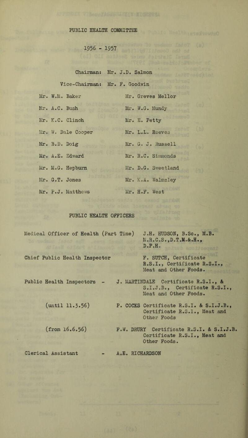 PUBLIC HEALTH COMMITTEE Chairman Vice-Chairman Mr. W.M. Baker Mr. A.C. Bush Mr. K.C. Clinch Mr. Wc Dale Cooper Mr. B.D. Doig Mr. A.E. Edward Mr. M.G. Hepburn Mr. G.T. Jones Mr. P.J. Matthews Salmon Goodwin Mr. Greves Mellor Mr. W.G. Mundy Mr. E. Petty Mr. L • L • Reeves Mr. G. J . Russell Mr. R.C. Simmcnds Mr. D.G. Sweetland Mr. K.A. Walmsley Mr. H.F. West 1956 - 1957 Mr. J.D Mr. F PUBLIC HEALTH OFFICERS Medical Officer of Health (Part Time) J.H. HUDSON, B.Sc., M.B. M.R.C.S.,D.T.M.&.H., D.P.H. Chief Public Health Inspector F. SUTCH, Certificate R. S.I., Certificate R.S.I., Meat and Other Foods. Public Health Inspectors - J. MARTINDALE Certificate R.S.I., & S. I.J.B., Certificate R.S.I., Meat and Other Foods. (until 11.3.56) P. COCKS Certificate R.S.I. & S.I.J.B., Certificate R.S.I., Meat and Other Foods (from 16.6.56) F.W. DRURY Certificate R.S.I. & S.I.J.B Certificate R.S.I., Meat and Other Foods. Clerical Assistant A.E. RICHARDSON