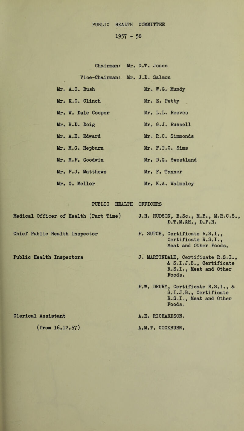 PUBLIC HEALTH COMMITTEE 1957 - 58 Chairmans Vice-Chairmans Mre A.C« Bush MTo K.Co Clinch Mr« Wo Dale Cooper Mto BoD, Doig Mr. AoE. Edward Mr, MoGo Hepburn Mr, MoP. Goodwin Mr, PoJ, Matthews Mr, Go Mellor Mr, G.To Jones Mr, J,D, Salmon Mr, W,G, Mundy Mr, E, Petty Mr, L,L, Reeves Mr, G,J, Russell Mr, R,C. Simmonds Mr, PoToC, Sims Mr, D.G, Sweetland Mr, Po Tanner Mr. K,A, Walmsley PUBLIC HEALTH OPPICERS Medical Officer of Health (Part Time) J.H, HUDSON, B,Sc,, M.B,, M.RoCoS D,T,M,&He, DoPoHe Chief Public Health Inspector P, SUTCH, Certificate RoS,!,, Certificate RoS,!,, Meat and Other Poods, Public Health Inspectors J, MARTINDALE, Certificate R.SoI, & S.IcJ.Bo, Certificate R.SoI,, Meat and Other Poods, P,W, DRURY, Certificate R.S.I., & SoI.J.Bo, Certificate Re So I,, Meat and Other Poods, Clerical Assistant (from 16,12,57) A,E. RICHARDSON, A,M,T, COCKBURN