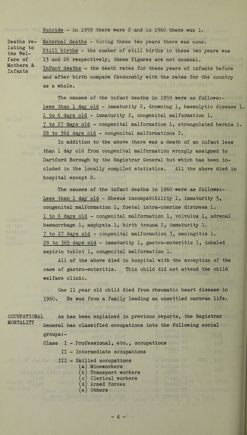Suicide - in 1959 there were 2 and in I960 there was 1 Deaths re- lating to the Wel- fare of Mothers & Infants Maternal deaths - during these two years there was none. Still births - the numher of still births in these two years was 13 and 26 respectively, these figures are not \anusualo Infant deaths - the death rates for these years of infants before and after birth compare favourably with the rates for the country as a whole. The causes of the infant deaths in 1959 were as follows Less than 1 day old - immaturity 2, drowning 1, haemolytic disease 1. 1 to 6 days old - immaturity 2, congenital malformation 1. 7 to 27 days old - congenital malformation 1, strangulated hernia 1» 28 to 364 days old - congenital malformations 2. In addition to the above there was a death of an infant less than 1 day old from congenital malformation wrongly assigned to Dartford Borough by the Registrar General but which has been in- cluded in the locally compiled statistics. All the above died in hospital except 2. The causes of the infant deaths in I96O were as follows Less than 1 day old - Rhesus incompatibility 1, immaturity 5» congenital malformation 1, foetal intra-uterine distress 1. 1 to 6 days old - congenital malformation 1, volvulus 1, adrenal haemorrhage 1, asphyxia 1, birth trauma 2, immaturity 1. 7 to 27 days old - congenital malformation 3» meningitis 1. 28 to 365 days old - immaturity 1, gastro-enteritis 1, inhaled aspirin tablet 1, congenital malformation 1. All of the above died in hospital with the exception of the case of gastro-enteritis. This child did not attend the child welfare clinic. One 11 year old child died from rheumatic heart disease in i960. He was from a family leading an unsettled caravan life. OCCUPATIONAL MORTALITY As has been explained in previous reports, the Registrar General has classified occupations into the following social groups:- Class I - Professional, etc., occupations II - Intermediate occupations III - Skilled occupations (a) Mineworkers (b) Transport workers (c) Clerical workers (d) Armed forces (e) Others