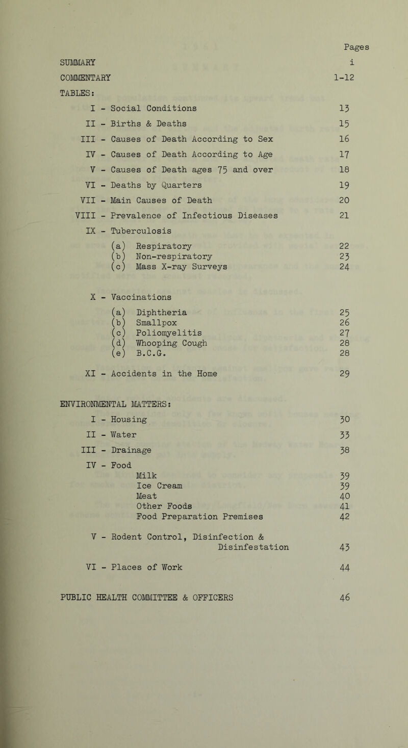 Pages SUMMARY i COMMENTARY 1-12 TABLES; I - Social Conditions 13 II - Births & Deaths 15 III - Causes of Death According to Sex l6 lY - Causes of Death According to Age 17 V - Causes of Death ages 75 and over 18 VI - Deaths hy Quarters 19 VII - Main Causes of Death 20 VIII - Prevalence of Infectious Diseases 21 IX - Tuberculosis (a) Respiratory 22 (h) Non-respiratory 23 (c) Mass X-ray Surveys 24 X - Vaccinations (a) Diphtheria 25 (b) Smallpox 26 (c) Poliomyelitis 27 (d) Whooping Cough 28 (e) B.C.G. 28 XI - Accidents in the Home 29 ENVIRONMENTAL MATTERS; I - Housing 30 II - Water 33 III - Drainage 38 IV - Food Milk 39 Ice Cream 39 Meat 40 Other Foods 41 Food Preparation Premises 42 V - Rodent Control, Disinfection & Disinfestation 43 VI - Places of Work 44 PUBLIC HEALTH COMMITTEE & OFFICERS 46
