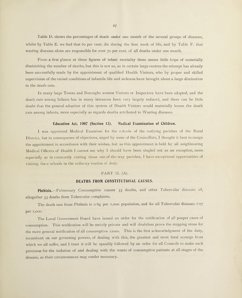 Table D. shows the percentages of death under one month of the several groups of diseases, whilst by Table E. we find that 60 per cent, die during the first week of life, and by Table F. that wasting diseases alone are responsible for over 70 per cent, of all deaths under one month. From a first glance at these figures of infant mortality there seems little hope of materially diminishing the number of deaths, but this is not so, as in certain large centres the attempt has already been successfully made by the appointment of qualified Health Visitors, who by proper and skilled supervision of the varied conditions of infantile life and sickness have brought about a large diminution in the death rate. In many large Towns and Boroughs women Visitors or Inspectors have been adopted, and the death rate among Infants has in many instances been very largely reduced, and there can be little doubt that the general adoption of this system of Health Visitors would materially lessen the death rate among infants, more especially as regards deaths attributed to Wasting diseases. Education Act, 1907 (Section 13). Medical Examination of Children. I was appointed Medical Examiner for the schools of the outlying parishes of the Rural District, but in consequence of objections, urged by some of the Councillors, I thought it best to resign the appointment in accordance with their wishes, but as this appointment is held by all neighbouring Medical Officers of Health I cannot see why I should have been singled out as an exception, more especially as in constantly visiting these out-of-the-way parishes, I have exceptional opportunities of visiting these schools in the ordinary routine of duty. PART II. (A). DEATHS FROM CONSTITUTIONAL CAUSES. Phthisis.—Pulmonary Consumption canses 35 deaths, and other Tubercular diseases 18, altogether 53 deaths from Tubercular complaints. The death rate from Phthisis is 0-84 per 1,000 population, and for all Tubercular diseases 1-27 per 1,000. The Local Government Board have issued an order for the notification of all pauper cases of consumption. This notification will be strictly private and will doubtless prove the stepping stone for the more general notification of all consumptive cases. This is the first acknowledgment of the duty, incumbent on our governing powers, of dealing with this, the greatest and most fatal scourge from which we all suffer, and I trust it will be speedily followed by an order for all Councils to make such provision for the isolation of and dealing with the wants of consumptive patients at all stages of the disease, as their circumstances may render necessary.