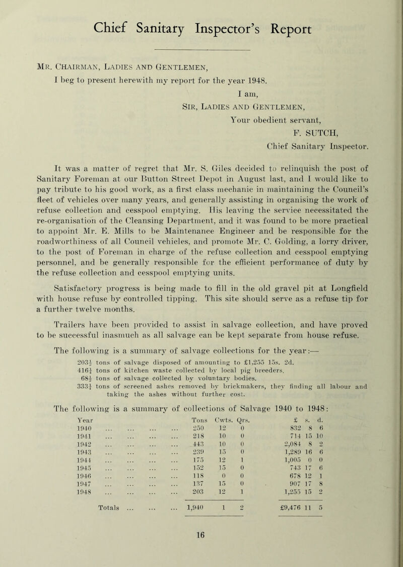 Chief Sanitary Inspector’s Report Mr. Chairman, Ladies and Gentlemen, 1 lieg to present herewith my report for the year 1948. I am, Sir, Ladies and Gentlemen, Your obedient servant, F. SUTCH, Chief Sanitary Inspector. It was a matter of regret that Mr. S. Giles decided to relinquish the post of Sanitary Foreman at our Button Street De])ot in August last, and 1 would like to pay tribute to his good work, as a first class mechanic in maintaining the Council’s fleet of vehicles over many years, and generally assisting in organising the work of refuse collection and cesspool emptying. His leaving the service necessitated the re-organisation of the Cleansing Department, and it was found to be more practical to a])point Mr. E. Mills to be Maintenance Engineer and be responsible for the roadworthiness of all Council vehicles, and promote Mr. C. Golding, a lorry driver, to the post of Foreman in charge of the refuse collection and cesspool emiDtying personnel, and be generally responsible for the efficient performance of duty by the refuse collection and cesspool emptying units. Satisfactory progress is being made to fill in the old gravel pit at Longfield with house refuse by controlled tipping. This site should serve as a refuse tip for a further tw'elve months. Trailers have been ])rovided to assist in salvage collection, and have proved to be successful inasmuch as all salvage can be kept separate from house refuse. The following is a summary of salvage collections for the year:— 20.3-1 ton.s of salvage disposed of amounting to £L2.'55 15s. 2d. 4161 tons of kitchen waste collected by local pig breeders. 681 tons of salvage collected by voluntary bodies. 3331 tons of screened ashes removed l)y brickmakers, they finding all labour and taking the ashes without further cost. The following is a summary of collections of Salvage 1940 to 1948: Year 1940 1941 1942 1943 1944 1945 1946 1947 1948 Totals Totis Cwts. Qrs. £ S. d. 250 12 0 832 8 6 218 10 0 714 15 10 443 10 0 2,084 8 9 239 15 0 1,289 16 6 175 12 1 1,005 0 0 152 15 0 743 17 6 118 0 0 678 12 1 137 15 0 907 17 8 203 12 1 1,255 15 9 L,940 1 9 £9,476 11 5
