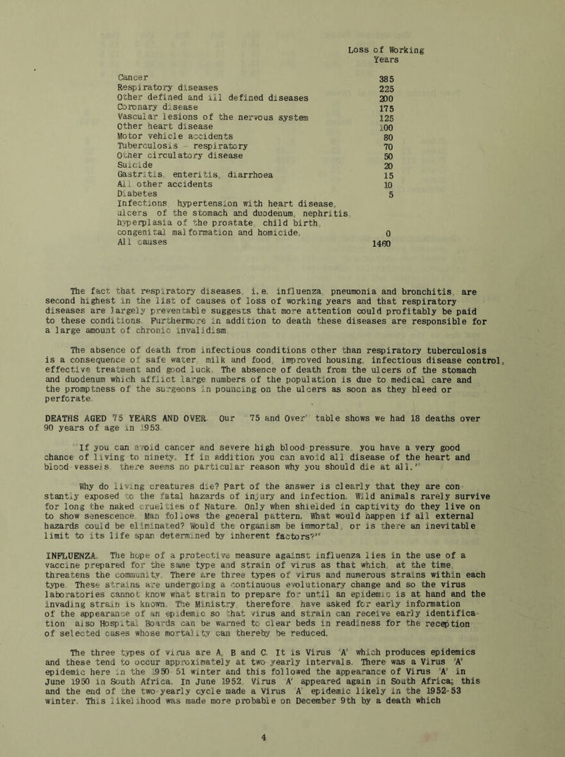 Loss of Working Years Cancer Respiratory diseases ocher defined and lil defined diseases Coronary disease Vascular lesions of the nervous system Other heart disease Motor vehicle accidents Tuberculosis - respiratory Other circulatory disease Suicide Gastritis,, enteritis, diarrhoea Ail orher accidents Diabetes Infections hypertension with heart disease, ulcers of the stomach and duodenum, nephritis hyperplasia of the prostate child birth, congenital malformation and homicide. All causes 0 1460 385 225 200 175 125 100 80 70 50 20 15 10 5 The fact that respiratory diseases,, i. e. influenza pneumonia and bronchitis are second highest in the list of causes of loss of working years and that respiratory diseases are largely preventable suggests that more attention could profitably be paid to these conditions Furthermore in addition to death these diseases are responsible for a large amount of chronic invalidism The absence of death from infectious conditions other than respiratory tuberculosis is a consequence of safe water milk and food, improved housing,, infectious disease control, effective treatment and good luck The absence of death from the ulcers of the stomach and duodenum which afflict large numbers of the population is due to medical care and the promptness of the surgeons in pouncing on the ulcers as soon as they bleed or perforate DEATHS AGED 75 YEARS AND OVER Our 75 and Over' table shows we had 18 deaths over 90 years of age in 1953 ’■'If you can a-roid cancer and severe high blood pressure, you have a very good chance of living to ninety. If in addition you can avoid all disease of the heart and blood vessels there seems no particular reason why you should die at all.” Why do living creatures die? part of the answer is clearly that they are con stantly exposed ro the fatal hazards of injury and infection. Wild animals rarely survive for long the naked cruelties of Nature Only when shielded in captivity do they live on to show senescence Man follows the general pattern. What would happen if all external hazards could be eliminated? Would the organism be immortal, or is i:here an inevitable limit to its life span determined by inherent factors?” INFLUENZA. The hope of a protective measure against influenza lies in the use of a vaccine prepared for the same type and strain of virus as that which at the time, threatens the comiiranity There are three types of virus and numerous strains within each type These strains are undergoing a continuous evolutionary change and so the virus laboratories cannot know what strain to prepare for until an epidemic is at hand and the invading strain is known. The Minist.ry therefore have asked for early information of the appearance of an epidemic so that 'virus and strain can receive early identifica tion also Hospital Boards can be warned to clear beds in readiness for the reception of selected cases whose mortality can thereby be reduced. The three types of vi,ais are A, B and C It is Virus 'A’ which produces epidemics and these tend to occur approximately at two yearly intervals. There was a Virus ‘‘A’ epidemic here in the 1950 51 winter and this followed the appearance of Virus “A’ in June 1950 in South Africa, In June 1952,, Virus A' appeared again in South Africa; this and the end of the two yearly cycle made a Virus 'A epidemic likely in the 1952*53 winter. This likelihood was made mo.re probable on December 9th by a death which