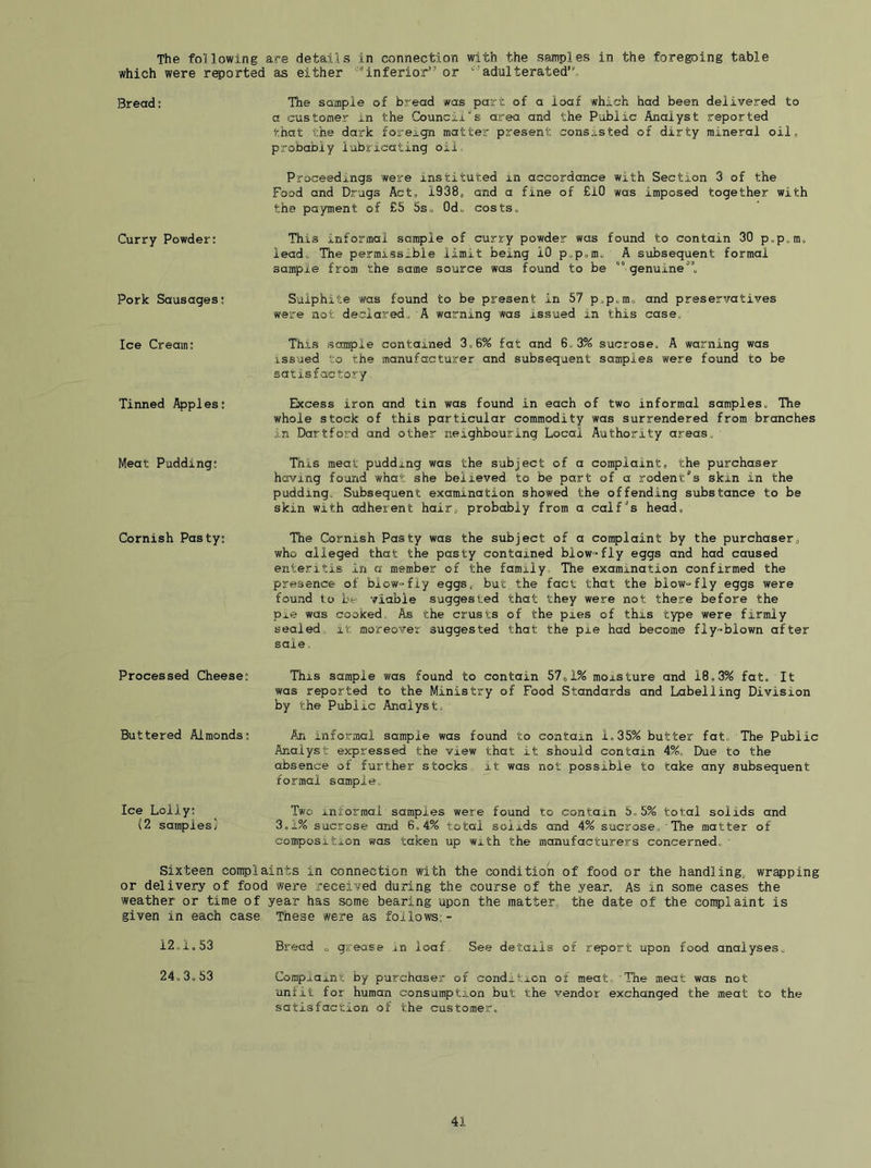The following are details in connection with the samples in the foregoing table which were reported as either ''inferior” or '’adulterated’' Bread; The sample of bread was part of a loaf which had been delivered to a customer in the Council's area and the Public Analyst reported that the dark foreign matter present cons;i.sted of dirty mineral oil, probably lubricating oil. Proceedings were instituted in accordance with Section 3 of the Food and Drugs Act, 1938, and a fine of £l0 was imposed together with the payment of £5 5s„ Od, costs. Curry Powder: This informal sample of curry powder was found to contain 30 p^p.m, lead. The permiss_bie limit being 10 pop,mc, A subsequent formal sample from the same source was found to be genuine Pork Sausages; Sulphite was found to be present in 57 p,p,mo and preservatives were not declared, A warning was issued in this case. Ice Cream; This sample contained 3,6% fat and 6,3% sucrose. A warning was issued to the manufacturer and subsequent samples were found to be satisfactory Tinned Apples: Excess iron and tin was found in each of two informal samples. The whole stock of this particular commodity was surrendered from branches in Dartford and other neighbouring Local Authority areas. Meat Pudding; This meat pudding was the subject of a complaint, the purchaser having found what she believed to be part of a rodent/s skin in the pudding. Subsequent examination showed the offending substance to be skin with adherent hair, probably from a calf's head. Cornish Pasty; The Cornish Pasty was the subject of a complaint by the purchaser, who alleged that the pasty contained blow-fly eggs and had caused enteritis in a member of the family The examination confirmed the presence of blow-fly eggs, but the fact that the blow-fly eggs were found to be viable suggested that they were not there before the pie was cooked, As the crusts of the pies of this type were firmly sealed, it moreover suggested that the pie had become fly-blown after sale, Processed Cheese: This sample was found to contain 57oi% moisture and 18,3% fat. It was reported to the Ministry of Food Standards and Labelling Division by the Public Analyst, Buttered Almonds; An informal sample was found to contain 1,35% butter fat. The Public Analy.st expressed the view that it should contain 4%, Due to the absence of further stocks it was not possible to take any subsequent formal sample. Ice Lolly; (2 samples; Two informal samples were found to contain 5.5% total solids and 3,i% sucrose and 6,4% total solids and 4% sucrose. The matter of composition was taken up with the manufacturers concerned. Sixteen complaints in connection with the condition of food or the handling, wrapping or delivery of food were received during the course of the year. As in some cases the weather or time of year has some bearing upon the matter, the date of the complaint is given in each case These were as follows;- 12.1,53 Bread „ grease jd loaf. See details of report upon food analyses. 24.3.53 Complaint by purchaser of condition of meat. The meat was not unfit for human consumption but the vendor exchanged the meat to the satisfaction of the customer.