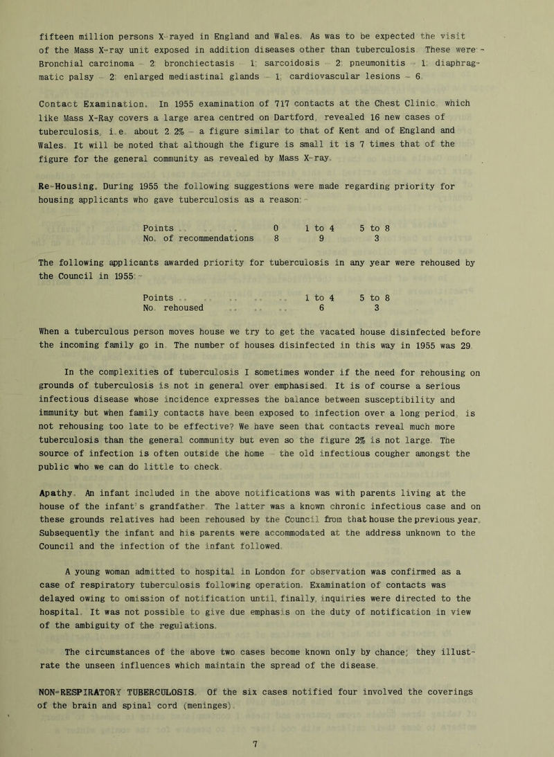 fifteen million persons X-rayed in England and Wales. As was to be expected the visit of the Mass X-ray unit exposed in addition diseases other than tuberculosis These were - Bronchial carcinoma - 2 bronchiectasis 1; sarcoidosis 2 pneumonitis - 1„ diaphrag- matic palsy - 2 enlarged mediastinal glands - 1, cardiovascular lesions 6, Contact Examination, In 1955 examination of 717 contacts at the Chest Clinic which like Mass X-Ray covers a large area centred on Dartford, revealed 16 new cases of tuberculosis, i,e, about 2 2% - a figure similar to that of Kent and of England and Wales, It will be noted that although the figure is small it is 7 times that of the figure for the general community as revealed by Mass X-ray, Re-Housing, During 1955 the following suggestions were made regarding priority for housing applicants who gave tuberculosis as a reason:- Points . , „ , , 0 1 to 4 5 to 8 No. of recommendations 89 3 The following applicants awarded priority for tuberculosis in any year were rehoused by the Council in 1955: - Points ., „, ,, „, ,, 1 to 4 5 to 8 No, rehoused 6 3 When a tuberculous person moves house we try to get the vacated house disinfected before the incoming family go in, The number of houses disinfected in this way in 1955 was 29 In the complexities of tuberculosis I sometimes wonder if the need for rehousing on grounds of tuberculosis is not in general over emphasised., It is of course a serious infectious disease whose incidence expresses the balance between susceptibility and immunity but when family contacts have been exposed to infection over a long period, is not rehousing too late to be effective? We have seen that contacts reveal much more tuberculosis than the general community but even so the figure 2% is not large. The source of infection is often outside the home - the old infectious cougher amongst the public who we can do little to check. Apathy. An infant included in the above notifications was with parents living at the house of the infant’s grandfather The latter was a known chronic infectious case and on these grounds relatives nad been rehoused by the Council from that house the previous year„ Subsequently the infant and his parents were accommodated at the address unknown to the Council and the infection of the infant followed, A young woman admitted to hospital in London for observation was confirmed as a case of respiratory tuberculosis following operation. Examination of contacts was delayed owing to omission of notification until, finally, inquiries were directed to the hospital. It was not possible to give due emphasis on the duty of notification in view of the ambiguity of the regulations. The circumstances of the above two cases become known only by chance; they illust- rate the unseen influences which maintain the spread of the disease, NON-RESPIRATORY TDBERGDLOSIS, Of the six cases notified four involved the coverings of the brain and spinal cord (meninges).