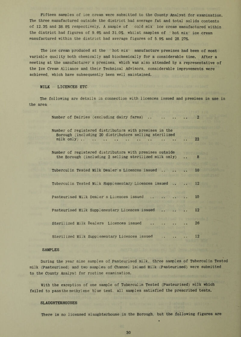 Fifteen samples of ice cream were submitted to the County Analyst for examination. The three manufactured outside the district had average fat and total solids contents of 12 3% and 38 8% respectively. A sample of cold mix ice cream manufactured within the district had figures of 96% and 31 0%, whilst samples of hot mix ice cream manufactured within the district had average figures of 5. 9% and 28 27%. The ice cream produced at the hot mix manufacture premises had been of most variable quality both chemically and biochemically for a considerable time. After a meeting at the manufacturer s premises, which was also attended by a representative of the Ice Cream Alliance and their Technical Advisors, considerable improvements were achieved, which have subsequently been well maintained. MILK LICENCES ETC The following are details in connection with licences issued and premises in use in the area Number of Dairies (excluding dairy farms) .. 2 Number of registered distributors with premises in the Borough (including 20 distributors selling sterilized milk only) 22 Number of registered distributors with premises outside the Borough (including 2 selling sterilized milk only) .. 8 Tuberculin Tested Milk Dealer s Licences issued .. .. .. 10 Tuberculin Tested Milk Supplementary Licences issued .. ., 12 Pasteurised Mi^k Deader s Licences issued 10 Pasteurised Milk Supplementary Licences issued 12 Sterilized Milk Dealers Licences issued 26 Sterilized Milk Supplementary Licences issued 12 SAMPLES During the year nine samples of Pasteurised milk, three samples of Tuberculin Tested milk (Pasteurised) and two samples of Channel Island Milk (Pasteurised) were submitted to the County Analyst for routine examination. With the exception of one sample of Tuberculin Tested (Pasteurised) milk which failed to pass the methylene blue test, all samples satisfied the prescribed tests. SLAUGHTERHODSES There is no licensed slaughterhouse in the Borough, but the following figures are