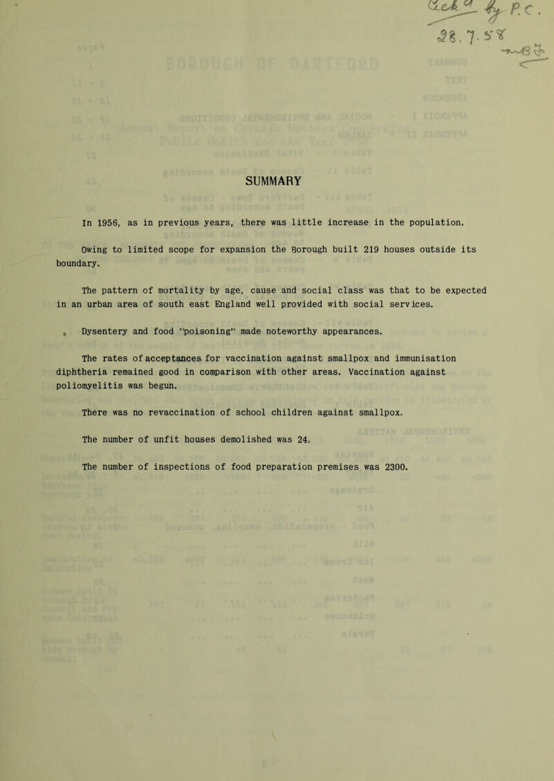 SUMMARY In 1956, as in previous years, there was little increase in the population. Owing to limited scope for expansion the Borough built 219 houses outside its boundary. The pattern of mortality by age, cause and social class was that to be expected in an urban area of south east England well provided with social services. , Dysentery and food poisoning” made noteworthy appearances. The rates of acceptances for vaccination against smallpox and immunisation diphtheria remained good in comparison with other areas. Vaccination against poliomyelitis was begun. There was no revaccination of school children against smallpox. The number of unfit houses demolished was 24. The number of inspections of food preparation premises was 2300.
