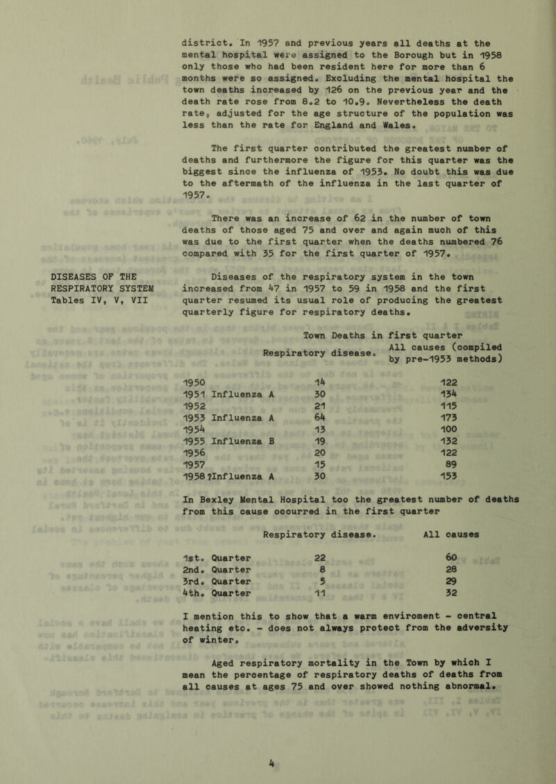 DISEASES OF THE RESPIRATORY SYSTEM Tables IV, V, VII district* In 1957 and previous years all deaths at the mental hospital were assigned to the Borough but in 1958 only those who had been resident here for more than 6 months were so assigned* Excluding the mental hospital the town deaths increased by 126 on the previous year and the death rate rose from 8*2 to 10*9* Nevertheless the death rate, adjusted for the age structure of the population was less than the rate for England and Wales. The first quarter contributed the greatest number of deaths and furthermore the figure for this quarter was the biggest since the influenza of 1953. No doubt this was due to the aftermath of the influenza in the last quarter of 1957. There was an increase of 62 in the number of town deaths of those aged 75 and over and again much of this was due to the first quarter when the deaths numbered 76 compared with 35 for the first quarter of 1957* Diseases of the respiratory system in the town increased from 47 in 1957 to 59 in 1958 and the first quarter resumed its usual role of producing the greatest quarterly figure for respiratory deaths* Town Deaths in Respiratory disease* first quarter All causes (compiled by pre-1953 methods) 1950 14 122 1951 Influenza A 30 134 1952 21 115 1953 Influenza A 64 173 1954 13 100 1955 Influenza B 19 132 1956 20 122 1957 15 89 1958 ?Influenza A 30 153 In Bexley Mental Hospital too the greatest number of from this cause occurred in the first quarter Respiratory disease. All causes 1st. Quarter 22 60 2nd* Quarter 8 28 5rd. Quarter 5 29 4th* Quarter 11 32 I mention this to show that a warm enviroment - central heating etc* - does not always protect from the adversity of winter* Aged respiratory mortality in the Town by which I mean the percentage of respiratory deaths of deaths from all causes at ages 75 and over showed nothing abnormal*