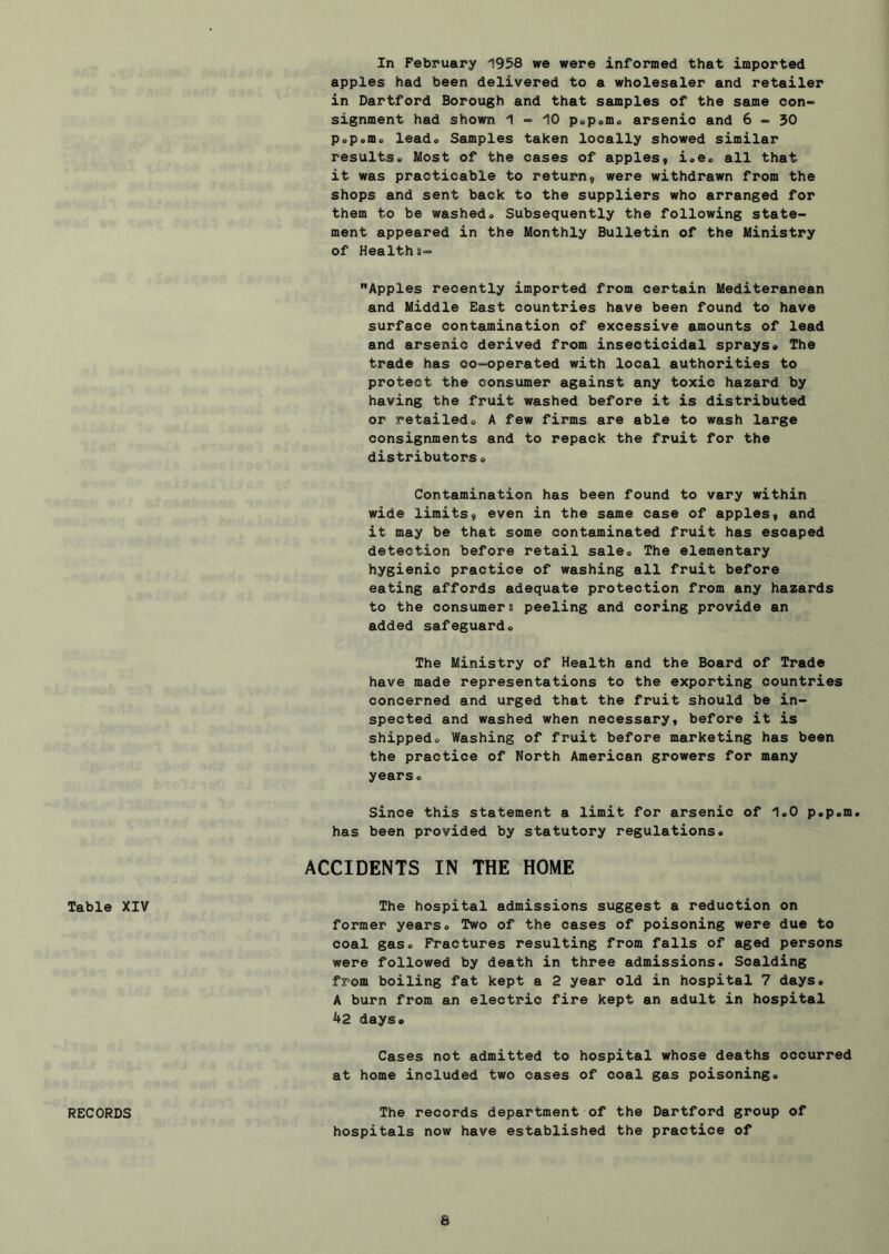 In February 1958 we were informed that imported apples had been delivered to a wholesaler and retailer in Hartford Borough and that samples of the same con- signment had shown 1-10 p<,pomo arsenic and 6-30 p.p.mc lead> Samples taken locally showed similar resultso Most of the cases of apples, i<,eo all that it was practicable to return, were withdrawn from the shops and sent back to the suppliers who arranged for them to be washed# Subsequently the following state- ment appeared in the Monthly Bulletin of the Ministry of Healths- Apples recently imported from certain Mediteranean and Middle East countries have been found to have surface contamination of excessive amounts of lead and arsenic derived from insecticidal sprays# The trade has oo-operated with local authorities to protect the consumer against any toxic hazard by having the fruit washed before it is distributed or retailed# A few firms are able to wash large consignments and to repack the fruit for the distributors # Contamination has been found to vary within wide limits, even in the same case of apples, and it may be that some contaminated fruit has escaped detection before retail sale# The elementary hygienic practice of washing all fruit before eating affords adequate protection from any hazards to the consumer: peeling and coring provide an added safeguard# The Ministry of Health and the Board of Trade have made representations to the exporting countries concerned and urged that the fruit should be in- spected and washed when necessary, before it is shipped# Washing of fruit before marketing has been the practice of North American growers for many years# since this statement a limit for arsenic of 1#0 p.p«m has been provided by statutory regulations# ACCIDENTS IN THE HOME Table XIV The hospital admissions suggest a reduction on former years# Two of the cases of poisoning were due to coal gas# Fractures resulting from falls of aged persons were followed by death in three admissions. Scalding from boiling fat kept a 2 year old in hospital 7 days# A burn from an electric fire kept an adult in hospital 42 days# Cases not admitted to hospital whose deaths ocourred at home included two cases of coal gas poisoning. RECORDS The records department of the Dartford group of hospitals now have established the practice of