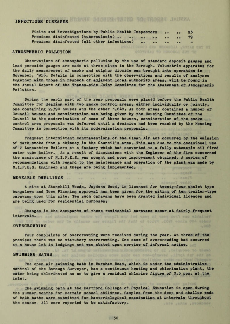 INPECTIODS DISEASES Visits and investigations by Public Health Inspectors «o <0 95 Premises disinfected (tuberculosis) <>o »<> 00 00 <>o 00 19 Premises disinfected (all other infections) <>o <>. «, «. ATMOSPHERIC POLLUTION Observations of atmospheric pollution by the use of standard deposit gauges and lead peroxide gauges are made at three sites in the Borough® Volumetric apparatus for the daily measurement of smoke and sulphur dioxide was brought into operation in Novemberg 1956® Details in connection with the observations and results of analyses together with those in respect of adjacent local authority areas• will be found in the Annual Report of the Thames-side Joint Committee for the Abatement of Atmospheric Pollution® During the early part of the year proposals were placed before the Public Health Committee for dealing with two smoke control areas* either individually or jointly, one containing 29390 houses and the other 1,848® As both areas contained a number of Council houses and consideration was being given by the Housing Committee of the Council to the modernisation of some of these houses, consideration of the smoke control area proposals was deferred until a decision had been reached by the Housing Committee in connection with its modernisation proposals® Frequent intermittent contraventions of the Clean Air Act occurred by the emission of dark smoke from a chimney in the Council’s area® This was due to the occasional use of 2 Lancashire Boilers at a factory which had converted to a fully automatic cil fired water tube boiler® As a result of discussions with the Engineer of the firm concerned the assistance of N®I®F®E®S® was sought and some improvement obtained® A series of recommendations with regard to the maintenance and operation of the plant was made by N®I®F®EoSo Engineer and these are being implemented® MOVEABLE DWELLINGS A site at Stonehill Woods, Joydens Wood, is licensed for twenty-four chalet type bungalows and Town Planning approval has been given for the siting of ten trailer-type caravans upon this site® Ten such caravans have been granted individual licences and are being used for residential purposes® Changes in the occupants of these residential caravans occur at fairly frequent intervals® OVERCROWDING Four complaints of overcrowding were received during the year® At three of the premises there was no statutory overcrowding® One case of overcrowding had occurred at a house let in lodgings and was abated upon service of informal notice® SWIMMING BATHS The open air swimming bath in Burnham Road, which is under the administrative control of the Borough Surveyor, has a continuous heating and chlorination plant, the water being chlorinated so as to give a residual chlorine figure of 0®5 ppm® at the inlet® The swimming bath at the Dartford College of Physical Education is open during the summer months for certain school children® Samples from the deep and shallow ends of both baths were submitted for bacteriological examination at intervals throughout the season® All were reported to be satisfactory®