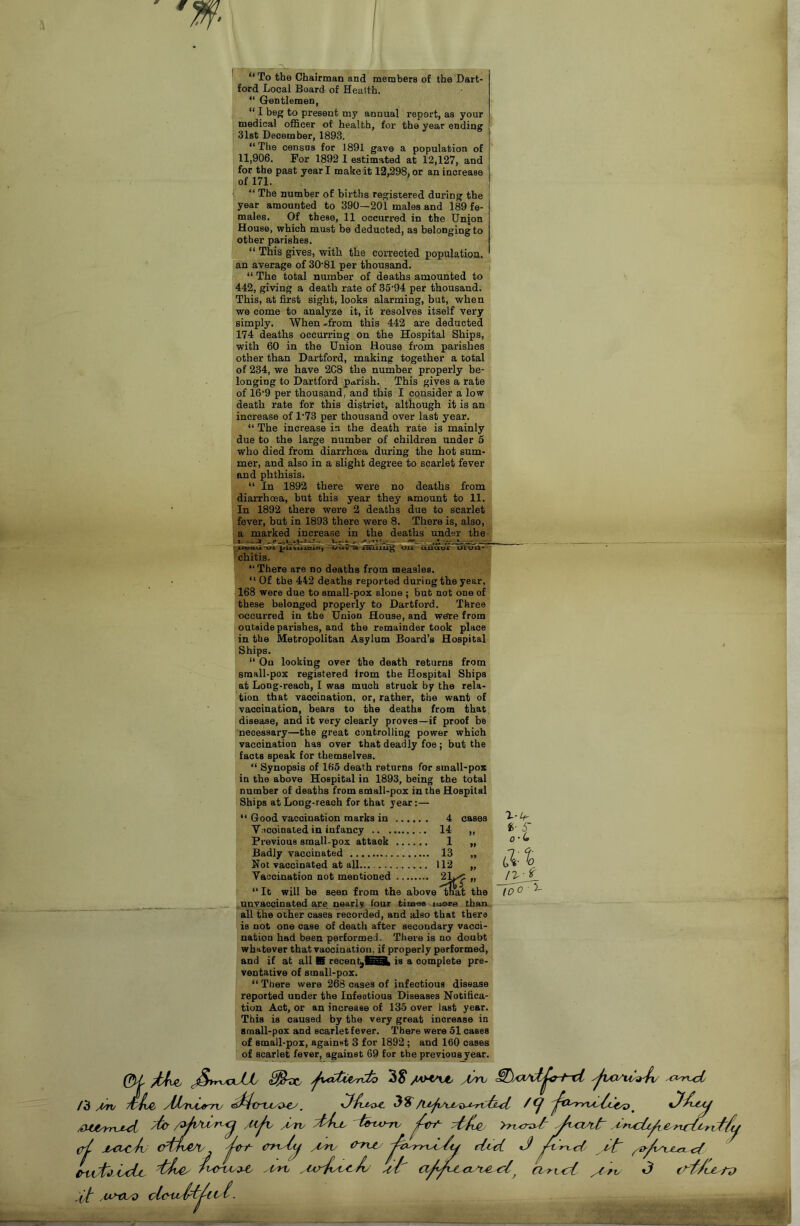 “ To the Chairman and members of the Dart- ford Local Board of Health. “ Gentlemen, “ I beg to present my annual report, as your medical officer of health, for the year ending 31st December, 1893. “ The census for 1891 gave a population of 11,906. For 1892 1 estimated at 12,127, and for the past year I make it 12,298. or an increase of 171. “ The number of births registered during the year amounted to 390—201 males and 189 fe- males. Of these, 11 occurred in the Union House, which must be deducted, as belonging to other parishes. “ This gives, with the corrected population, an average of 30-81 per thousand. “ The total number of deaths amounted to 442, giving a death rate of 35‘94 per thousand. This, at first sight, looks alarming, but, when we come to analyze it, it resolves itself very simply. When .from this 442 are deducted 174 deaths occurring on the Hospital Ships, with 60 in the Union House from parishes other than Dartford, making together a total of 234, we have 2C8 the number properly be- longing to Dartford parish. This gives a rate of 16’9 per thousand, and this I consider a low death rate for this district, although it is an increase of 1’73 per thousand over last year. “ The increase in the death rate is mainly due to the large number of children under 5 who died from diarrhoea during the hot sum- mer, and also in a slight degree to scarlet fever and phthisis. “ In 1892 there were no deaths from diarrhoea, but this year they amount to 11. In 1892 there were 2 deaths due to scarlet fever, but in 1893 there were 8. There is, also, a marked increase in the deaths under the x.cctu ... pjutuADxBj  oUu-a xSTiiiHg 'uix uu'aor uiun- ’ chitis. “ There are no deaths from measles. “ Of the 442 deaths reported during the year, 168 were due to small-pox alone ; bub not one of these belonged properly to Dartford. Three occurred in the Union House, and were from outside parishes, and the remainder took place in the Metropolitan Asylum Board’s Hospital Ships. “ On looking over the death returns from small-pox registered lrom the Hospital Ships at Long-reach, I was much struck by the rela- tion that vaccination, or, rather, the want of vaccination, bears to the deaths from that disease, and it very clearly proves—if proof be necessary—the great controlling power which vaccination has over that deadly foe ; but the facts speak for themselves. “ Synopsis of 165 death returns for small-pox in the above Hospital in 1893, being the total number of deaths from small-pox in the Hospital Ships at Long-reach for that year:— “ Good vaccination marks in 4 cases Yocoinated in infancy 14 „ 4 Previous small-pox attack 1 „ 0' * unvaccinated are nearly lour times more than all the other cases recorded, and also that there is not one case of death after secondary vacci- nation had been performed. There is no doubt whatever that vaociaation, if properly performed, and if at all S recent,B3& is a complete pre- ventative of small-pox. “ There were 268 cases of infectious disease reported under the Infeotious Diseases Notifica- tion Act, or an increase of 135 over last year. This is caused by the very great increase in small-pox and scarlet fever. There were 51 cases of small-pox, against 3 for 1892 ; and 160 cases of scarlet fever, against 69 for the previous year.