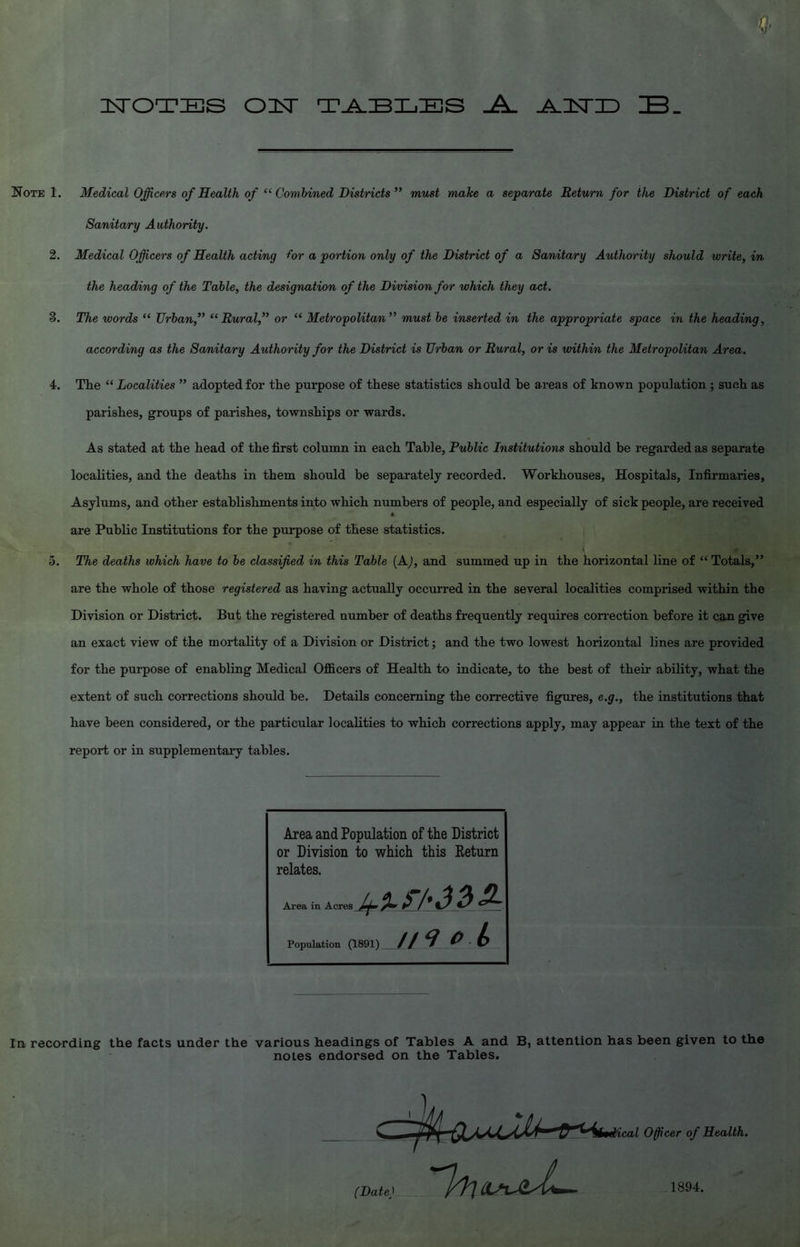 ICTOTIES OIsT TABLES _A_ AA3STI3 IB. Note 1. Medical Officers of Health of “ Combined Districts ” must make a separate Return for the District of each Sanitary Authority. 2. Medical Officers of Health acting for a portion only of the District of a Sanitary Authority should write, in the heading of the Table, the designation of the Division for which they act. 3. The words “ Urban,” “Rural,” or “ Metropolitan” must be inserted in the appropriate space in the heading, according as the Sanitary Authority for the District is Urban or Rural, or is within the Metropolitan Area. 4. The “Localities ” adopted for the purpose of these statistics should he areas of known population ; such as parishes, groups of parishes, townships or wards. As stated at the head of the first column in each Table, Public Institutions should be regarded as separate localities, and the deaths in them should be separately recorded. Workhouses, Hospitals, Infirmaries, Asylums, and other establishments into which numbers of people, and especially of sick people, are received a are Public Institutions for the purpose of these statistics. \ # r 5. The deaths which have to be classified in this Table (A), and summed up in the horizontal line of “ Totals,” are the whole of those registered as having actually occurred in the several localities comprised within the Division or District. But the registered number of deaths frequently requires correction before it can give an exact view of the mortality of a Division or District; and the two lowest horizontal lines are provided for the purpose of enabling Medical Officers of Health to indicate, to the best of their ability, what the extent of such corrections should be. Details concerning the corrective figures, e.g., the institutions that have been considered, or the particular localities to which corrections apply, may appear in the text of the report or in supplementary tables. Area and Population of the District or Division to which this Eeturn relates. Area in Acres Population (1891) //? O b In recording the facts under the various headings of Tables A and B, attention has been given to the notes endorsed on the Tables. (Date) 1894.