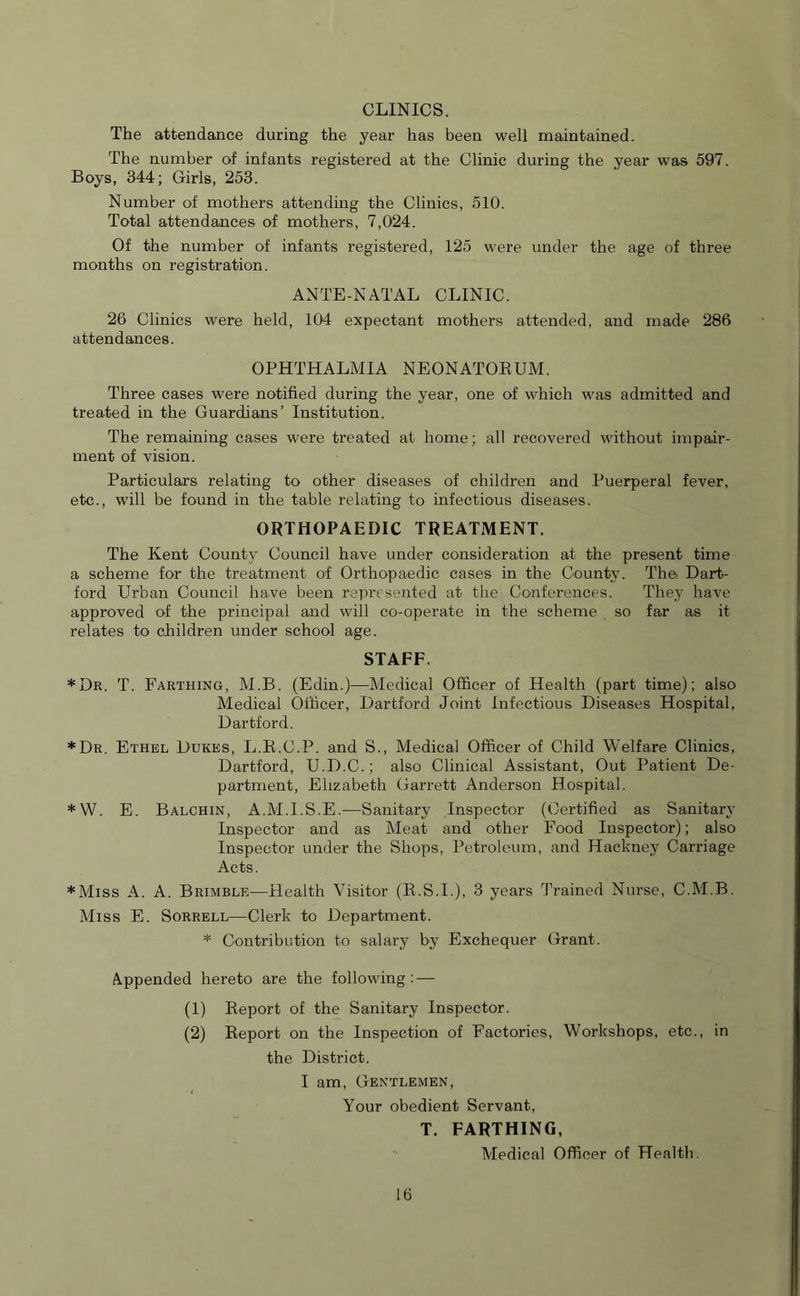 CLINICS. The attendance during the year has been well maintained. The number of infants registered at the Clinic during the year was 597. Boys, 344; Girls, 253. Number of mothers attending the Clinics, 510. Total attendances of mothers, 7,024. Of the number of infants registered, 125 were under the age of three months on registration. ANTE NATAL CLINIC. 26 Clinics were held, 104 expectant mothers attended, and made 286 attendances. OPHTHALMIA NEONATORUM. Three cases were notified during the year, one of which was admitted and treated in the Guardians’ Institution. The remaining cases were treated at home; all recovered without impair- ment of vision. Particulars relating to other diseases of children and Puerperal fever, etc., will be found in the table relating to infectious diseases. ORTHOPAEDIC TREATMENT. The Kent County Council have under consideration at the present time a scheme for the treatment of Orthopaedic cases in the County. Thei Dart- ford Urban Council have been represented at the Conferences. They have approved of the principal and will co-operate in the scheme so far as it relates to children under school age. STAFF. *Dr. T. Farthing, M.B. (Edin.)—Medical Officer of Health (part time); also Medical Officer, Hartford Joint Infectious Diseases Hospital, Hartford. *Dr. Ethel Dukes, L.R.C.P. and S., Medical Officer of Child Welfare Clinics, Hartford, U.D.C.; also Clinical Assistant, Out Patient De- partment, Elizabeth Garrett Anderson Hospital. *W. E. Balchin, A. M.I.S.E.—Sanitary Inspector (Certified as Sanitary Inspector and as Meat and other Food Inspector); also Inspector under the Shops, Petroleum, and Hackney Carriage Acts. *Miss A. A. Brimble—Health Visitor (R.S.I.), 3 years Trained Nurse, C.M.B. Miss E. Sorrell—Clerk to Department. * Contribution to salary by Exchequer Grant. Appended hereto are the following: — (1) Report of the Sanitary Inspector. (2) Report on the Inspection of Factories, Workshops, etc., in the District. I am, Gentlemen, Your obedient Servant, T. FARTHING, Medical Officer of Health.