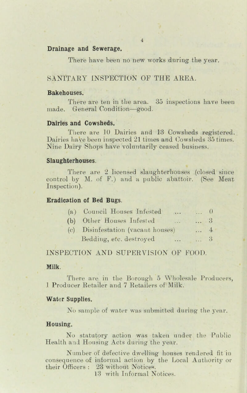 Drainage and Sewerage. There have been no new works during the year. SANITARY INSPECTIC)N OF THE AREA. Bakehouses. There are ten in the area. 35 inspections have been made. General Condition—good. Dairies and Cowsheds. There are U) Dairies and 13 Cowsheds registered. Dairies liaVebeeu inspected 21 times and Cowsheds 35 times. Nine Dairy Shops have voluntarily ceased business. Slaughterhouses. 'Phere are 2 licensed slaughterhouses (closed since control by M. nf F.) and a public abattoir. (See Meat Inspection). Eradication of Bed Bugs. (a) Council Houses Infested ... ... 0 (b) Other Houses Infested ... ... 3 (e) Disinfestation (vacant houses) ... 4 Redding, etc. destroyed ... ... 3 INSPECTION AND SUPERVISION OF FOOD. Milk. There are in the Borough 5 Wholesale Producers, ] Producer Retailer and 7 Retailers of'Milk. Water Supplies. No sample of water was submitted during the j'ear. Housing. No statutory action was taken under the Public Health and Housing Acts during the year. Number of defective dwelling houses rendered fit in consequence of informal action by the bocal Authority or their Officers ; 23 without Notices. 13 with Informal Notices.