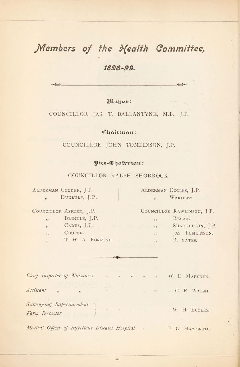 j/i embers of the ${ealth Committee, 1898-99. i-Hancn*: COUNCILLOR JAS. T. BALLANTYNE, M.B., J.P. (fUyctivntan : COUNCILLOR JOHN TOMLINSON, J.P. COUNCILLOR RALPH SHORROCK. Alderman Cocker, J.P. „ Duxbury, J.P. Councillor Aspden, J.P. ,, Brindle, J.P. „ Carus, J.P. ,, Cooper. ,, T. W. A. Forrest. Alderman Eccles, J.P. ,, Wardley. Councillor Rawlinson, J.P. ,, Regan. ,, Shackleton, J.P. ,, Jas. Tomlinson. ,, R. Yates. Chief Inspector of Nuisances - W. E. Marsden. Assistant „ ------ C. R. Walsh. Scavenging Superintendent \ „ r ------ W H. Eccles. r arm Inspector - - ) Medical Officer of Infectious Diseases Hospital - - F. G. Haworth.