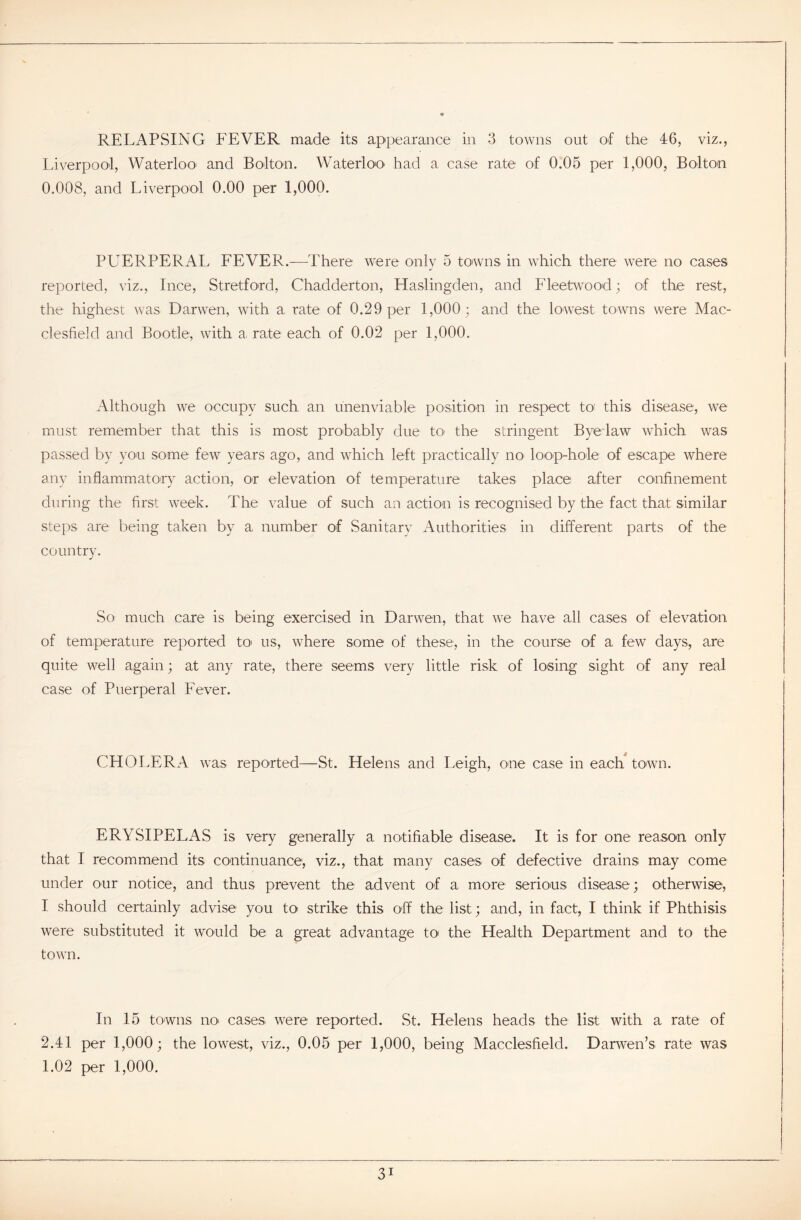 RELAPSING FEVER made its appearance in 3 towns out of the 46, viz., Liverpool, Waterloo and Bolton. Waterloo' had a case rate of 0.05 per 1,000, Bolton 0.008, and Liverpool 0.00 per 1,000. PUERPERAL FEVER.—There were only 5 towns in which there were no cases reported, viz., Ince, Stretford, Chaclderton, Haslingden, and Fleetwood; of the rest, the highest was Darwen, with a rate of 0.29 per 1,000; and the lowest towns were Mac- clesfield and Bootle, with a, rate each of 0.02 per 1,000. Although we occupy such an unenviable position in respect to1 this disease, we must remember that this is most probably due to' the stringent Bye-law which was passed by you some few years ago, and which left practically no loop-hole of escape where any inflammatory action, or elevation of temperature takes place after confinement during the first week. The value of such an action is recognised by the fact that similar steps are being taken by a number of Sanitary Authorities in different parts of the country. So much care is being exercised in Darwen, that we have all cases of elevation of temperature reported to us, where some of these, in the course of a few days, are quite well again; at any rate, there seems very little risk of losing sight of any real case of Puerperal Fever. CHOLERA was reported—St. Helens and Leigh, one case in each town. ERYSIPELAS is very generally a notifiable disease. It is for one reason only that I recommend its continuance, viz., that many cases of defective drains may come under our notice, and thus prevent the advent of a more serious disease; otherwise, I should certainly advise you to strike this off the list; and, in fact, I think if Phthisis were substituted it would be a great advantage to' the Health Department and to the town. In 15 towns no> cases were reported. St. Helens heads the list with a rate of 2.41 per 1,000; the lowest, viz., 0.05 per 1,000, being Macclesfield. Darwen’s rate was 1.02 per 1,000.