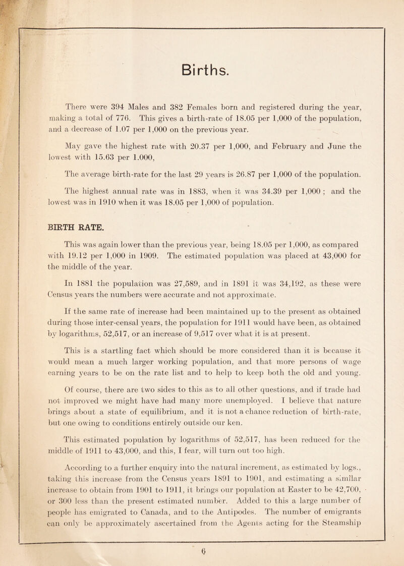 Births. There were 394 Males and 382 Females born and registered during the year, making a total of 776. This gives a birth-rate of 18.05 per 1,000 of the population, and a decrease of 1.07 per 1,000 on the previous year. May gave the highest rate with 20.37 per 1,000, and February and June the lowest with 15.63 per 1.000, The average birth-rate for the last 29 years is 26.87 per 1,000 of the population. The highest annual rate was in 1883, when if was 34.39 per 1,000 ; and the lowest was in 1910 when it was 18.05 per 1,000 of population. BIKTH RATE. This was again lower than the previous year, being 18.05 per 1,000, as compared with 19.12 per 1,000 in 1909. The estimated population was placed at 43,000 for the middle of the year. In 1881 the population was 27,589, and in 1891 it was 34,192, as these were Census years the numbers were accurate and not approximate. If the same rate of increase had been maintained up to the present as obtained during those inter-censal years, the population for 1911 would have been, as obtained by logarithms, 52,517, or an increase of 9,517 over what it is at present. This is a startling fact which should be more considered than it is because it would mean a much larger working population, and that more persons of wage earning years to be on the rate list and to help to keep both the old and young. Of course, there are two sides to this as to all other questions, and if trade had not improved we might have had many more unemployed. I believe that nature brings about a state of equilibrium, and it is not a chance reduction of birth-rate, but one owing to conditions entirely outside our ken. This estimated population by logarithms of 52,517, has been reduced for the middle of 1911 to 43,000, and this, I fear, will turn out too high. According to a further enquiry into the natural increment, as estimated by logs., taking this increase from the Census years 1891 to 1901, and estimating a similar increase to obtain from 1901 to 1911, it brings our population at Easter to be 42,700, or 300 less than the present estimated number. Added to this a large number of people has emigrated to Canada, and to the Antipodes. The number of emigrants can only be approximately ascertained from the Agents acting for the Steamship