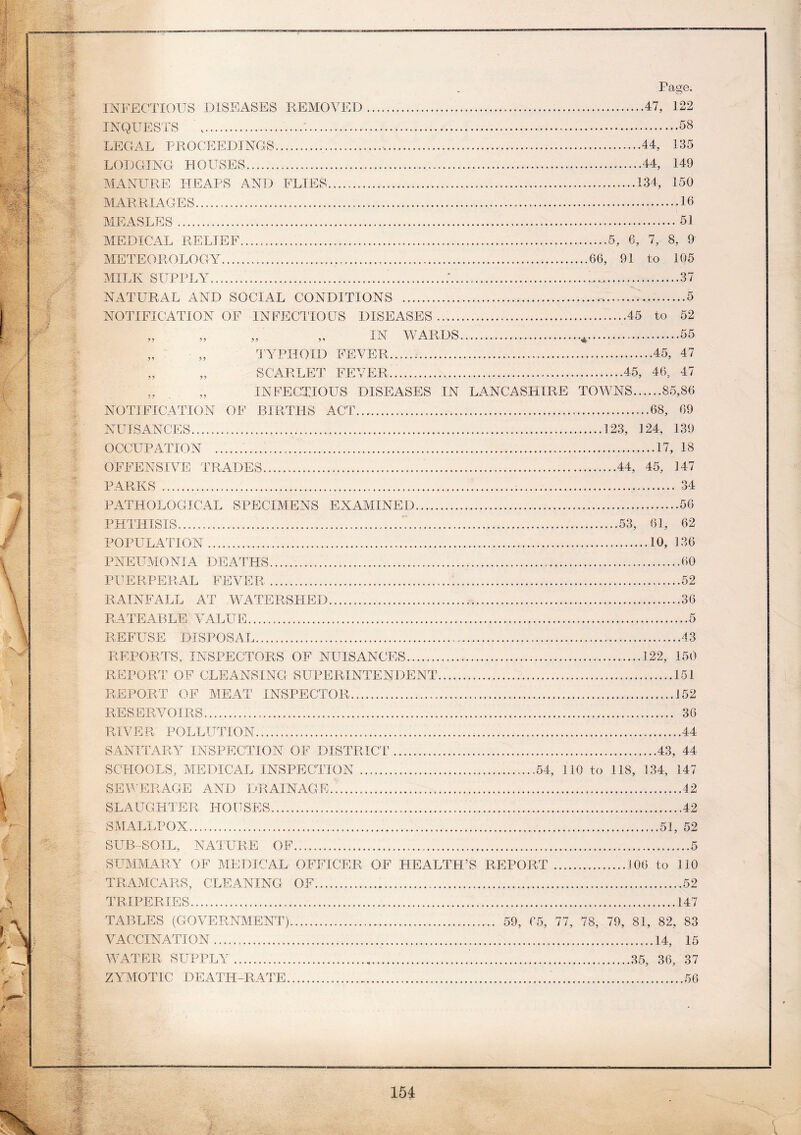 Page. INFECTIOUS DISEASES REMOVED..... 47, 122 INQUESTS 58 LEGAL PROCEEDINGS 44, 135 LODGING HOUSES 44, 149 MANURE HEAPS AND FLIES....... 134, 150 MARRIAGES 16 MEASLES 51 MEDICAL RELIEF 5, 6, 7, 8, 9 METEOROLOGY 66, 91 to 105 MILK SUPPLY. 37 NATURAL AND SOCIAL CONDITIONS 5 NOTIFICATION OF INFECTIOUS DISEASES 45 to 52 „ „ „ „ IN WARDS * 55 „ „ TYPHOID FEVER 45, 47 SCARLET FEVER 45, 46, 47 „ „ INFECTIOUS DISEASES IN LANCASHIRE TOWNS 85,86 NOTIFICATION OF BIRTHS ACT 68, 69 NUISANCES 123, 124, 139 OCCUPATION 17, 18 OFFENSIVE TRADES 44, 45, 147 PARKS 34 PATHOLOGICAL SPECIMENS EXAMINED 56 PHTHISIS... 53, 61, 62 POPULATION 10, 136 PNEUMO NIA DEATHS 60 PUERPERAL FEVER 52 RAINFALL AT WATERSHED 36 RATEABLE VALUE 5 REFUSE DISPOSAL 43 REPORTS, INSPECTORS OF NUISANCES..... .122, 150 REPORT OF CLEANSING SUPERINTENDENT 151 REPORT OF MEAT INSPECTOR . 152 RESERVOIRS 36 RIVER POLLUTION 44 SANITARY INSPECTION OF DISTRICT 43, 44 SCHOOLS, MEDICAL INSPECTION 54, 110 to 118, 134, 147 SE W ERAGE AND DRAINAGE 42 SLAUGHTER HOUSES..... 42 SMALLPOX ...51, 52 SUB-SOIL, NATURE OF SUMMARY OF MEDICAL OFFICER OF HEALTH’S REPORT TRAMCARS, CLEANING OF TRIPERIES TABLES (GOVERNMENT) 59, 65, 77, 78, VACCINATION WATER SUPPLY ZYMOTIC DEATH-RATE 5 ....106 to 110 52 147 79, 81, 82, 83 14, 15 35, 36, 37 56