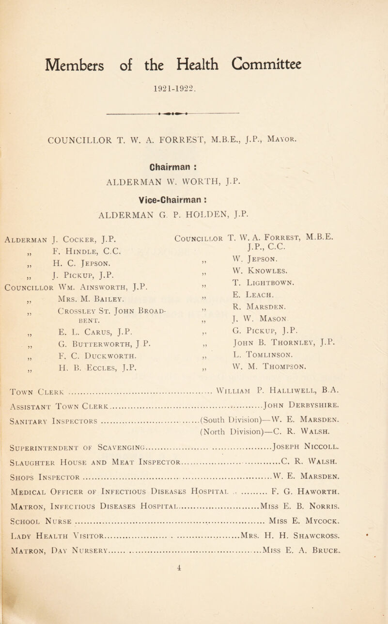 Members of the Health Committee 1921-1922. COUNCILLOR T. W. A. FORREST, M.B.E., J.P., Mayor. Chairman : ALDERMAN W. WORTH, J.P. Vice-Chairman: ALDERMAN G P. HOLDEN, J.P. Alderman J. Cocker, J.P. ,, F. Hindle, C.C. ,, H. C. Jepson. „ J. Pickup, J.P. Councillor Wm. Ainsworth, J.P. „ Mrs. M. Bailey. ,, Crossley St. John Broad bent. „ E. L. Carus, J.P. ,, G. Butterworth, J P. ,, F, C. Duckworth. ,, H. B. Eccles, J.P. Councillor T. W. A. Forrest, M.B.E. J.P., C.C. W. Jepson. W. Knowles. T. Lightbown. E. Leach. R. Marsden. J, W. Mason G. Pickup, J.P. John B. Thornley, J.P. L. Tomlinson. W. M. Thompson. William P. Halliwell, B.A. John Derbyshire. (South Division)—W. E. Marsden. (North Division)—C. R. Walsh. Joseph Niccoll. C. R, Walsh. W. E. Marsden. F. G. Haworth. Miss E. B. Norris. Miss E. Mycock. Mrs. H. H. Shawcross. Miss E. A. Bruce.. Town Clerk Assistant Town Clerk Sanitary Inspectors Superintendent of Scavenging — Slaughter House and Meat Inspector Shops Inspector Medical Officer of Infectious Diseases Hospital Matron, Infectious Diseases Hospital School Nurse Lady Health Visitor Matron, Day Nursery