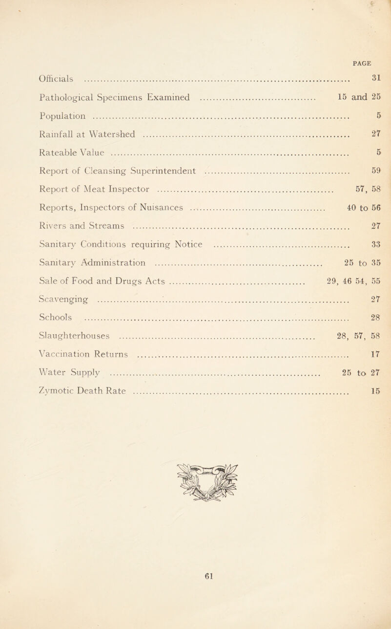 Officials Pathological Specimens Examined Population Rainfall at Watershed Rateable Value Report of Cleansing Superintendent Report of Meat Inspector Reports, Inspectors of Nuisances Rivers and Streams Sanitary Conditions requiring Notice Sanitary Administration Sale of Food and Drugs Acts Scavenging Schools Slaughterhouses Vaccination Returns Water Supply Zymotic Death Rate I 31 15 and 25 5 27 5 59 57, 58 40 to 56 27 33 25 to 35 29, 46 54, 55 27 28 28, 57, 58 17 25 to 27 15