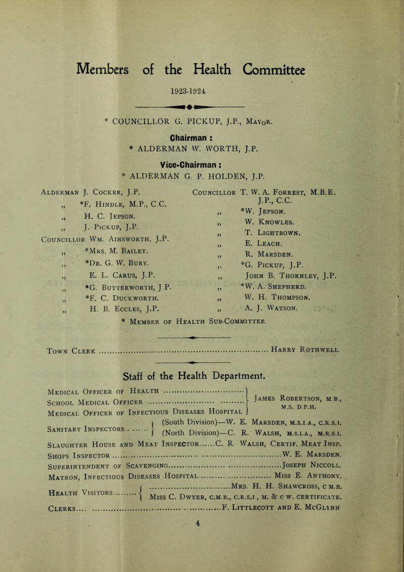 Members of the Health Committee 1923-1924 ^ * COUNCILLOR G. PICKUP, J.P., May0r. Chairman : * ALDERMAN VV. WORTH, J.P. Vice-Chairman: * ALDERMAN G. P. HOLDEN, J.P. Alderman J. Cocker, J.P. ,, #F. Hindle, M.P., C.C. „ H. C. Tepson. „ J. Pickup, J.P. Councillor Wm. Ainsworth, J.P. ,, *Mrs. M. Bailey. „ #Dr. G. W. Bury. Councillor T. W. A. Forrest, M.B.E. J.P., C.C. ,, *W. Jepson. „ W. Knowles. „ T. Lightbown. „ E. Leach. ,, R. Marsden. „ *G. Pickup, J.P. ,, John B. Thornley, J.P. ,, *W. A. Shepherd. „ W. H. Thompson. „ A. J. Watson, .-v „ E. L. Carus, J.P. *G. Butterworth, J P. #F. C. Duckworth. H. B. Eccles, J.P. * Member of Health Sub-Committee. Town Clerk Harry Rothwell. Staff of the Health Department. James Robertson, m b., m.s. d.p.h. Medical Officer of Health School Medical Officer Medical Officer of Infectious Diseases Hospital I (South Division)—W. E. Marsden, m.s.i.a., c.r.s.i. Sanitary Inspectors j ^orth Division)—C. R. Walsh, m.s.i.a., m.r.s.i. Slaughter House and Meat Inspector C. R Walsh, Certif. Meat Insp. Shops Inspector W. E. Marsden. Superintendent of Scavenging Joseph Niccoll. Matron, Infectious Diseases Hospital Miss E. Anthony. r Mrs. H. H. Shawcross, c m.b. Health Visitors < .. „ „ e ( Miss C. Dwyer, c.m.b., c.r.s.i , m. & c w. certificate. Clerks... F. Littlecott and E. McGlvnn