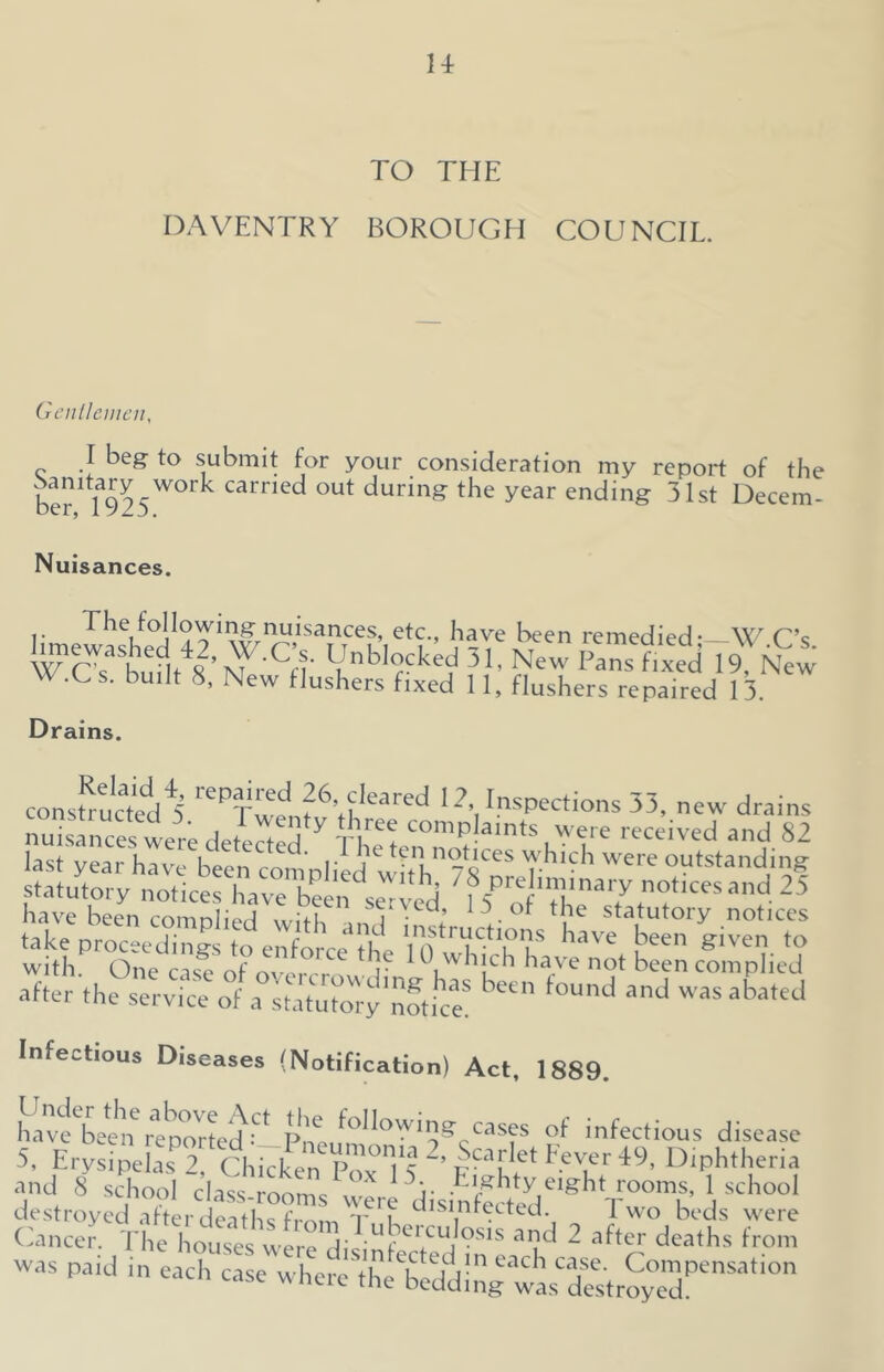 TO THE DAVENTRY BOROUGH COUNCIL. Gentlemen, I beg to submit for your consideration my report of the ber^ltf925W°rk carned out durinS the year ending 31st Decem- Nuisances. The following nuisances, etc., have been remedied- W C’c WCsaSbui tWAt Vnblrke4 51- Ne' ^ns fixed 19 New • Cs. built 8, New tlushers fixed 11, flushers repaired 13. Drains. constructed ^5 ^Twen^'tSU^ ^.Inspections 33, new drains nuisances.weredetected/ with One rise of nv i^ i have not been complied after tiZSSZ$^ f°Ud *nd “ Infectious Diseases (Notification) Act, 1889. hZtVtGtZt'd? fc“'OWi5\C1? °f Infectious disease 5, Erysipelas 2 Chklfen P i‘? 2’ N’U Fe™r49, Diphtheria and 8 school class-rooms were disinfecYeY^ T™0^’ \ Scl'°°' te%BS*aaTt?5te& 2 ir<tt s