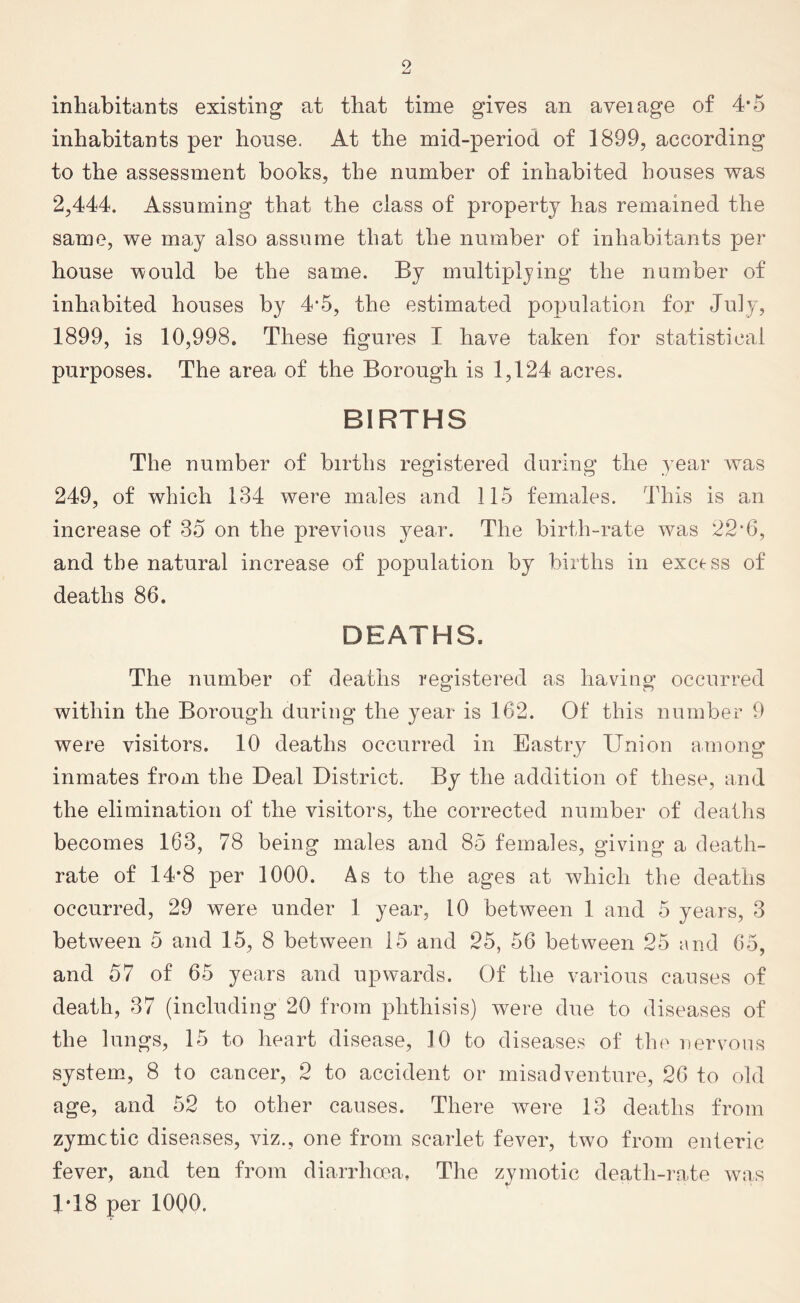 inhabitants existing at that time gives an aveiage of 4*5 inhabitants per house. At the mid-period of 1899, according to the assessment books, the number of inhabited houses was 2,444. Assuming that the class of property has remained the same, we may also assume that the number of inhabitants per house would be the same. By multiplying the number of inhabited houses by 4‘5, the estimated population for July, 1899, is 10,998. These figures I have taken for statistical purposes. The area of the Borough is 1,124 acres. BIRTHS The number of births registered during the year was 249, of which 134 were males and 115 females. This is an increase of 35 on the previous year. The birth-rate was 22*6, and tbe natural increase of population by births in excess of deaths 86. DEATHS. The number of deaths registered as having occurred within the Borough during the year is 162. Of this number 9 were visitors. 10 deaths occurred in Eastry Union among inmates from the Deal District. By the addition of these, and the elimination of the visitors, the corrected number of deaths becomes 163, 78 being males and 85 females, giving a death- rate of 14*8 per 1000. As to the ages at which the deaths occurred, 29 were under 1 year, 10 between 1 and 5 years, 3 between 5 and 15, 8 between 15 and 25, 56 between 25 and 65, and 57 of 65 years and upwards. Of the various causes of death, 37 (including 20 from phthisis) were due to diseases of the lungs, 15 to heart disease, 10 to diseases of the nervous system, 8 to cancer, 2 to accident or misadventure, 26 to old age, and 52 to other causes. There were 13 deaths from zymctic diseases, viz., one from scarlet fever, two from enteric fever, and ten from diarrhoea, The zymotic death-rate was 1*18 per 10Q0.