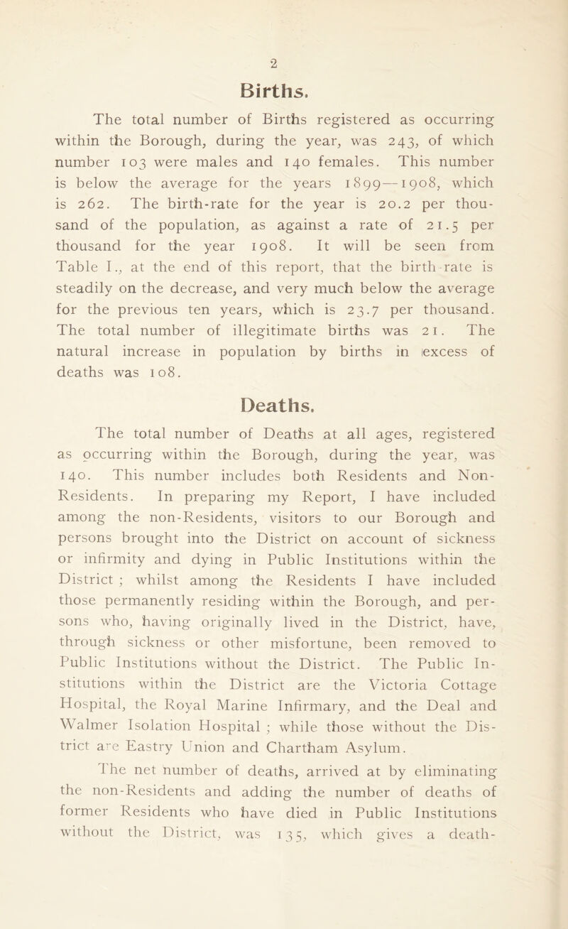 Births. The total number of Births registered as occurring within the Borough, during the year, was 243, of which number 103 were males and 140 females. This number is below the average for the years 1899—1908, which is 262. The birth-rate for the year is 20.2 per thou- sand of the population, as against a rate of 21.5 per thousand for the year 1908. It will be seen from Table I., at the end of this report, that the birth rate is steadily on the decrease, and very much below the average for the previous ten years, which is 23.7 per thousand. The total number of illegitimate births was 21. The natural increase in population by births in lexcess of deaths was 108. Deaths. The total number of Deaths at all ages, registered as occurring within the Borough, during the year, was 140. This number includes both Residents and Non- Residents. In preparing my Report, I have included among the non-Residents, visitors to our Borough and persons brought into the District on account of sickness or infirmity and dying in Public Institutions within the District ; whilst among the Residents I have included those permanently residing within the Borough, and per- sons who, having originally lived in the District, have, through sickness or other misfortune, been removed to Public Institutions without the District. The Public In- stitutions within the District are the Victoria Cottage Plospital, the Royal Marine Infirmary, and the Deal and Walmer Isolation Hospital ; while those without the Dis- trict a^'e Eastry Union and Chartham Asylum. I he net number of deaths, arrived at by eliminating the non-Residents and adding the number of deaths of former Residents who have died in Public Institutions witliout the District, was 135, which gives a death-