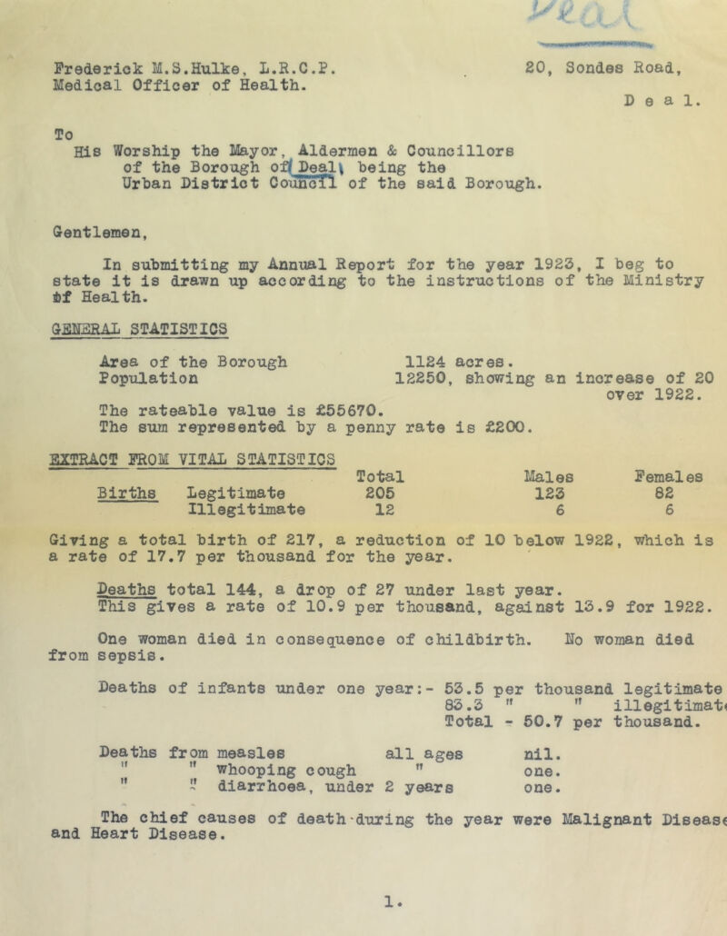 v/:' Frederick M.S.Hulke, l.R.C.P. Medical Officer of Health. ' i ' v. 20, Sondes Road, Deal. To His Worship the Mayor, Aldermen & Councillors of the Borough off Deal i being the Urban District Council of the said Borough. Gentlemen, In submitting my Annual Report for the year 1923, I beg to state it is drawn up according to the instructions of the Ministry Health. GENERAL STATISTICS Area of the Borough 1124 acres. Population 12250, showing an increase of 20 over 1922. The rateable value is £55670. The sum represented by a penny rate is £200. EXTRACT FROM VITAL STATISTICS Total Males Females Births Legitimate 205 123 82 Illegitimate 12 66 Giving a total birth of 217, a reduction of 10 below 1922, which is a rate of 17.7 per thousand for the year. Deaths total 144, a drop of 27 under last year. This gives a rate of 10.9 per thousand, against 13.9 for 1922. One woman died in consequence of childbirth. Ho woman died from sepsis. Deaths of infants under one year:- 53.5 per thousand legitimate 83.3 w rt illegitimate Total - 50.7 per thousand. Deaths from measles all ages nil.  ,f whooping cough fT one.  diarrhoea, under 2 years one. The chief causes of death'during the year were Malignant Disease and Heart Disease.