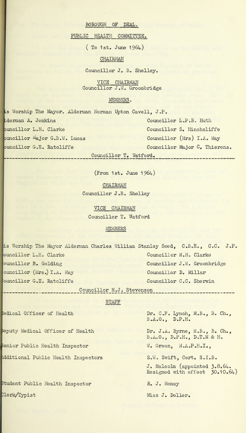 PUBLIC HEALTH COMMITTEE. ( To 1st, June 1964-) CHAIRIvlAN Councillor J. B. Shelley. VICE CHAIRMAN Councillor J.'W. Groombridge MEMBERS. Ls Y/orship The Mayor. Alderman Norman Upton Cave 11, J.P, Lderman A, Jenkins Councillor L.P.B. Huth juncillor L.H. Clarke Councillor S. Hinchclilfe 5mcillor ^'-kjor G.B.Y/, Lucas Councillor (Mrs) I.A, May auncillor G.E. Ratcliffe Councillor Major C, Thierens. Councillor T, Y/atford. (Prom 1st. June I964) CHAIRiM Councillor J.B. Shelley VICE CHAIRJ/IAN Councillor T, Watford Iv'IEMBERS is Worship The Mayor Alderman Charles William Stanley Seed, C.B.E., C.C, J.P, ouncillor L.H, Clarke Councillor M.H. Clarke ouncillor B. Golding Councillor J.YY. Groombridge ouncillor (ivirs.) I.A. i\1ay Councillor D. Millar ouncillor G.E. Ratcliffe Councillor C.C. Sherwin Coiancillor M.J. Stevenson STAFF ledical Officer of Health Dr. G.F. Lynch, M.B., B. Ch., B.A.O., D.P.H. leputy Medical Officer of Health Senior Public Health Inspector Additional Public Health Inspectors Student Public Health Inspector Jlerk/Typist Dr, J.A. Byrne, M.B., B, Gh,, B.A.O., D.P.H., D.T.M cS: H. W, Green, M.A.P.H.I., S.vY. Swift, Cert, S.I.B. J, Malcolm (appointed 3*8»64. Resigned vd-th effect 30.10,64-) R, J, Money Miss J, Deller.