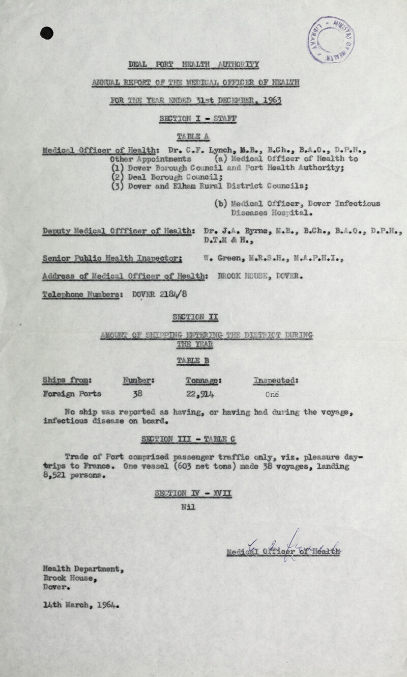 DEM PORT imim /DllIOlilTY AMNU/q REPORT Of TIE MErii;AL 0FK)rP3l OF HSMCT FOR T!i^ YE.*,^ 5l3t DBC^yBlrll. 1965 SECTION I « STAFF Y/! BI.E A MedlorJL Officer of Health: Dr. C.F. Lynch, It.B*, B.Ch*, D*P«H,, Other Appointments (a) Medical Of ficer of Health to (1) Do?er Borou^ Council and Port Health Authoi-dty; (2) Deal Borough Coimcilj (3) Dcnrer and Elhaa Rural District Councils; (h) Medical Officer, Dover Infectious Diseases Hospital, Deputy Medical Offfioer of Healths Dr# J#A, Byrne, K,B,, B.Ch,, B.A,0,, D,P,H. D#T,M & H#, Senior Public Health Inspector; W, Green, M#R*S,H,, M,A,P#H.I., Address of Medical Officer of Healtht BTtOOK HOUSE, DCViiR. Telephone Nuaberst DOVIIR 2l8l/Q SaCYlCN n OF WTmm& OIIS DXSl'HtlCY DURIHG THE YEAP- TAELB B Ships from; Numtera Foreiga Ports 38 Y<gmaf!!e; 22,914 Inspected: One Ho ship was reported as having, or having had during the voyage. Infectious disease on board# SBCYION HI - TABLE C Trade of Port ccmprised passenger traffic cnly, viz# pleasure day- trips to Fraw^, One vessel (603 net tons) made 58 voyages, landing 6,321 pex*sons# 3s:;tion Tf - xvn Nil Health Department, Brook Hcwiae, Dover# McdiQ*^! O^ioibr'Vt^l^e^h- 14th March, I964#